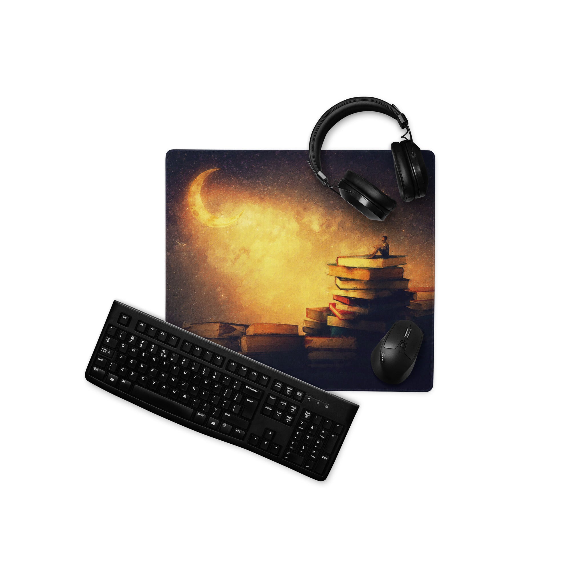 Moonlit Library Desk Mat - Moonlit Library Antique Gold Amber Gaming Desk Dreamy Mood Rustic Office Mouse Pad Art