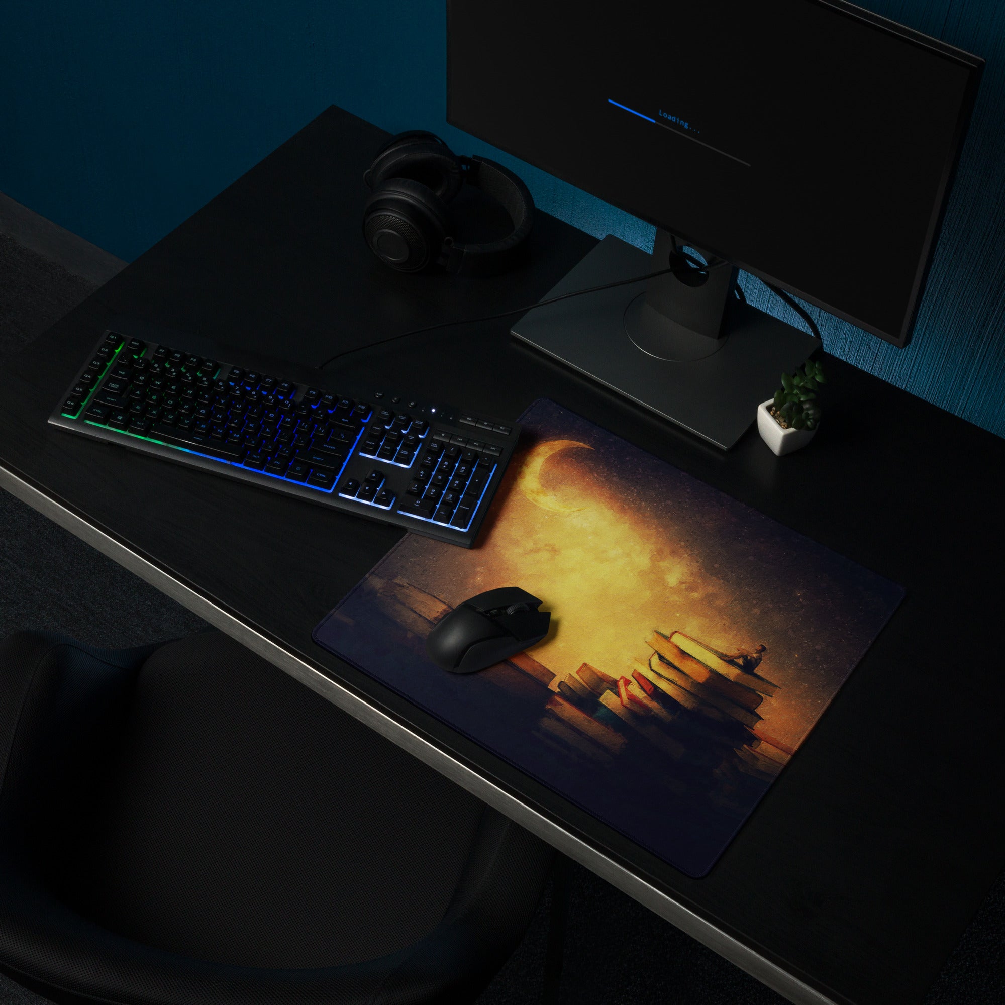 Moonlit Library Desk Mat - Moonlit Library Antique Gold Amber Gaming Desk Dreamy Mood Rustic Office Mouse Pad Art