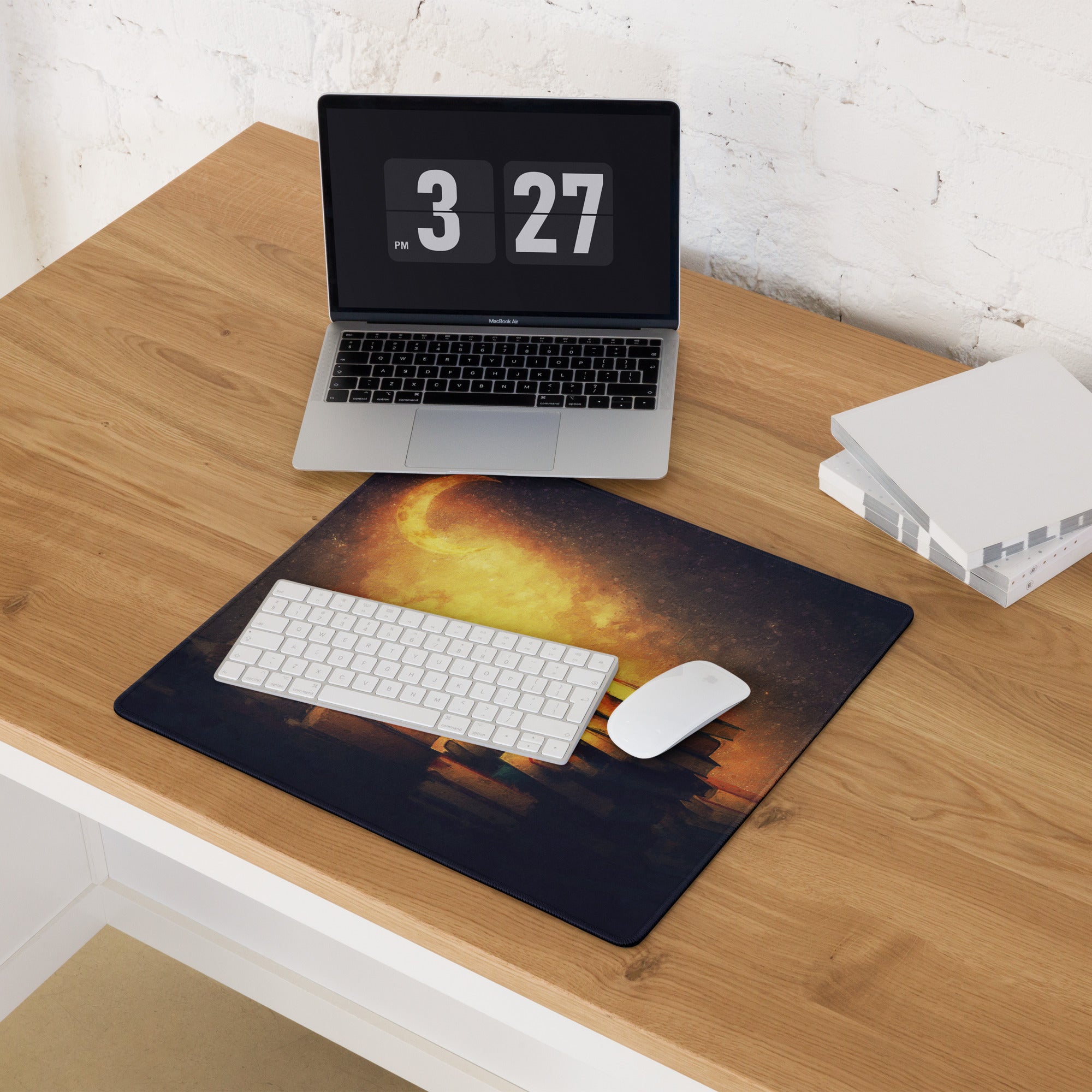 Moonlit Library Desk Mat - Moonlit Library Antique Gold Amber Gaming Desk Dreamy Mood Rustic Office Mouse Pad Art