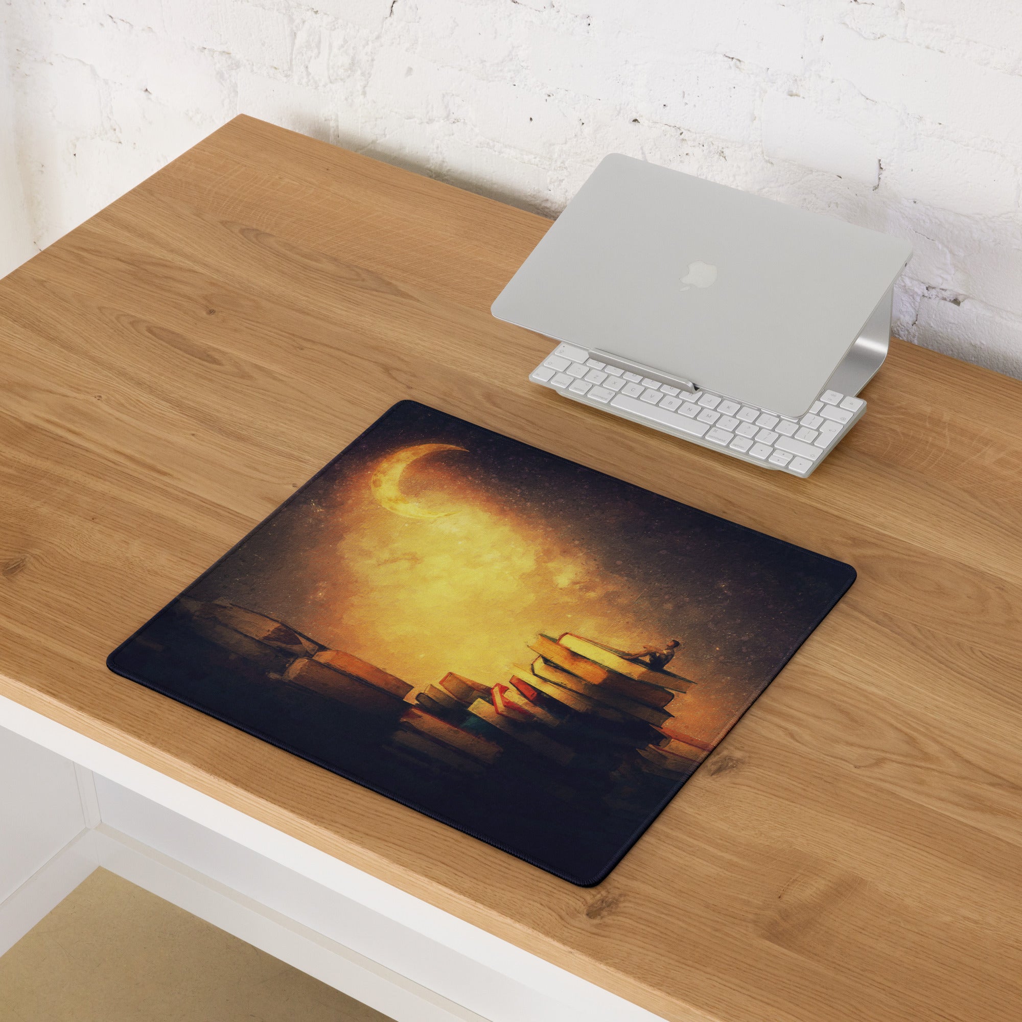 Moonlit Library Desk Mat - Moonlit Library Antique Gold Amber Gaming Desk Dreamy Mood Rustic Office Mouse Pad Art