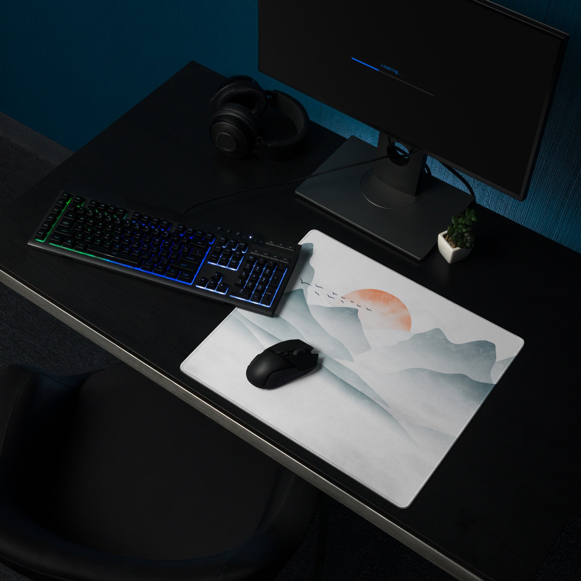 Calm Mountain Sunrise Mouse Pad - Mountain Landscape Blue Aqua Desk Setup Watercolor - Calm Modern Office Decor Gaming Desk Accessory Watercolor