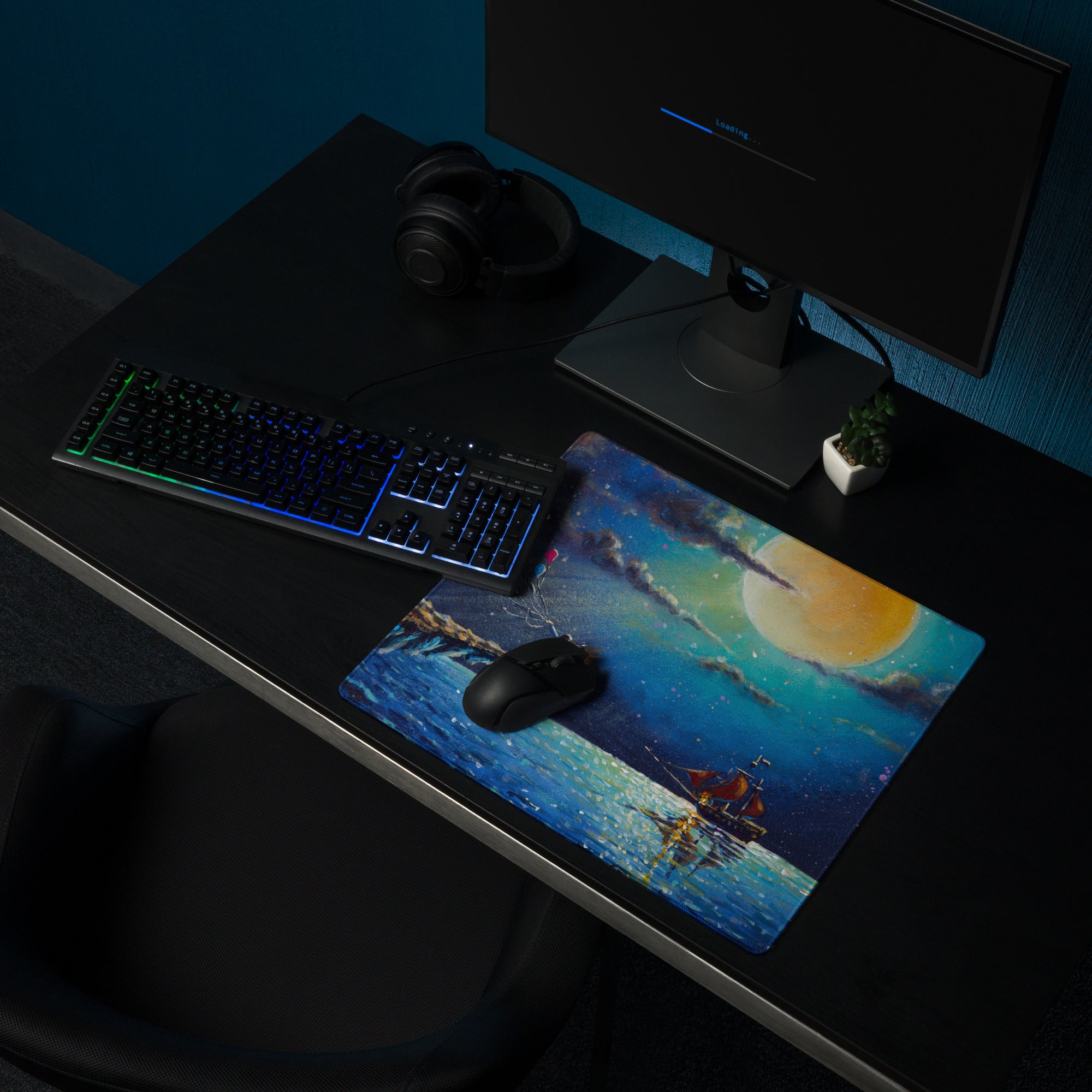 Dreamy Nightscape Painterly Mouse Pad - Mouse Pad Blue Sunset Desk Setup Dreamy Modern Office Desk Mat Oil Canvas