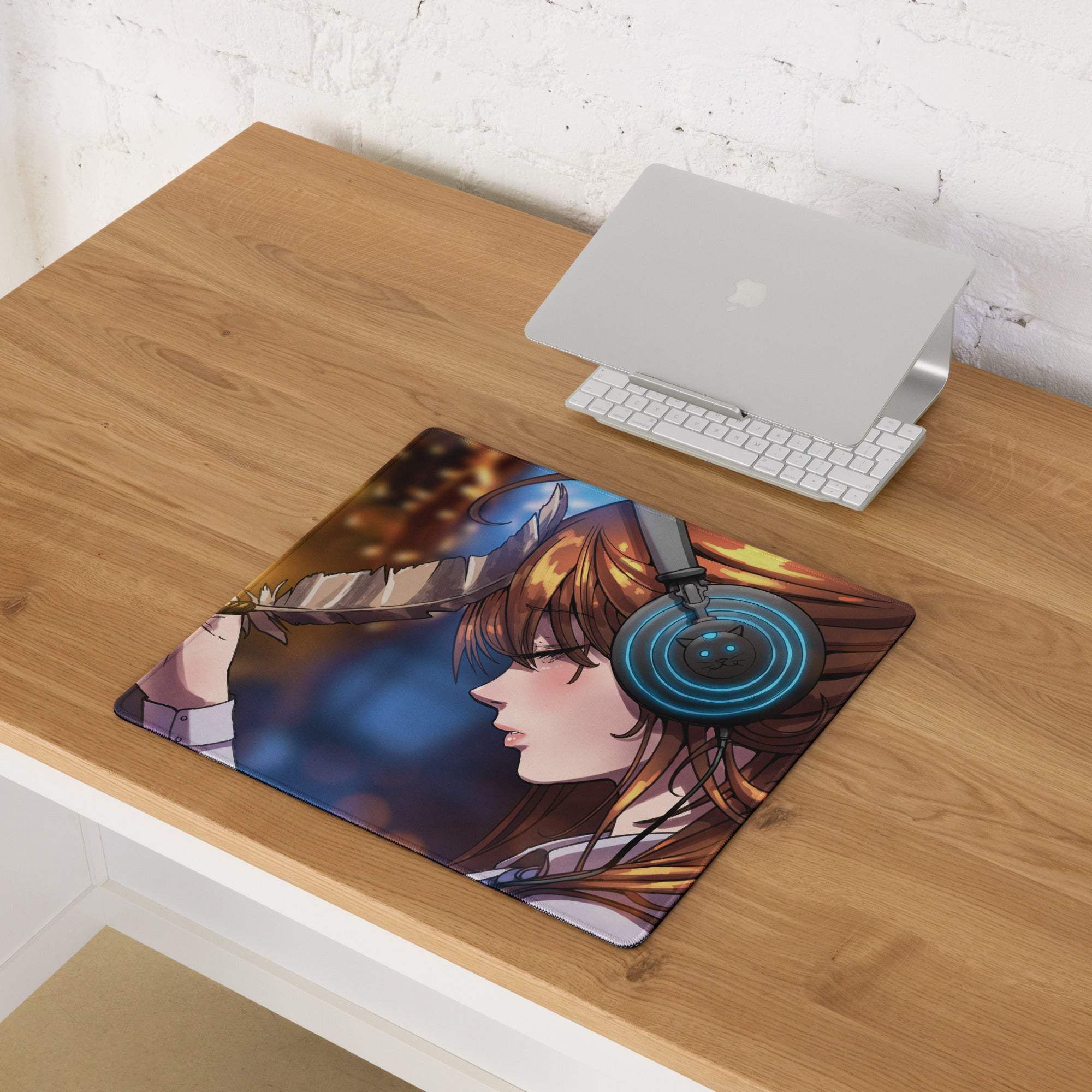 Rectangular vivid anime archer mouse pad with smooth surface and anime girl with headphones holding a feather design