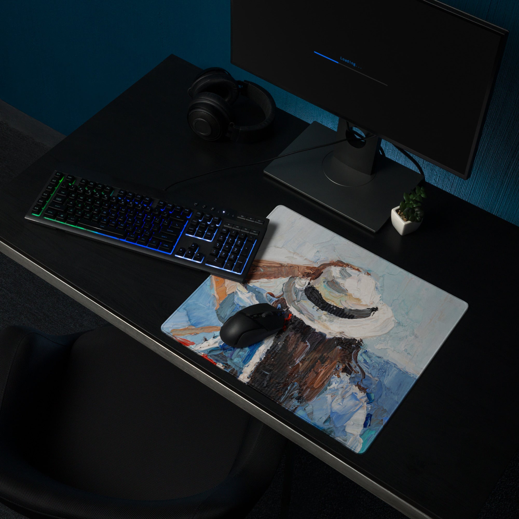 Mountain Dawn Abstract Canvas - Mountain Landscape Blue White Teal Brown Desk Gaming Setup Impasto Oil Serene Desk Mood