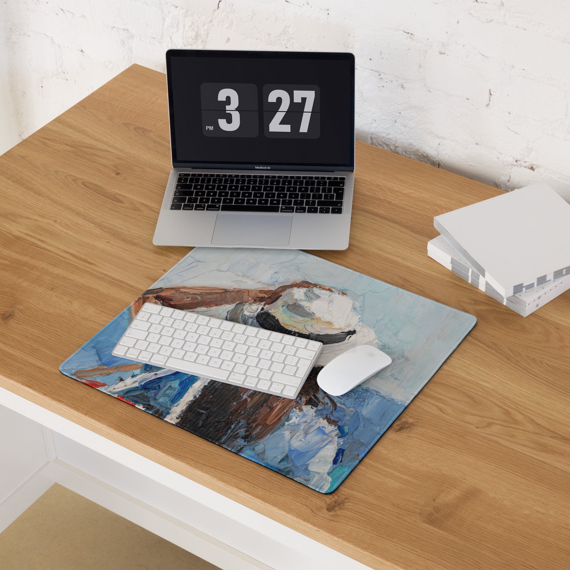 Mountain Dawn Abstract Canvas - Mountain Landscape Blue White Teal Brown Desk Gaming Setup Impasto Oil Serene Desk Mood
