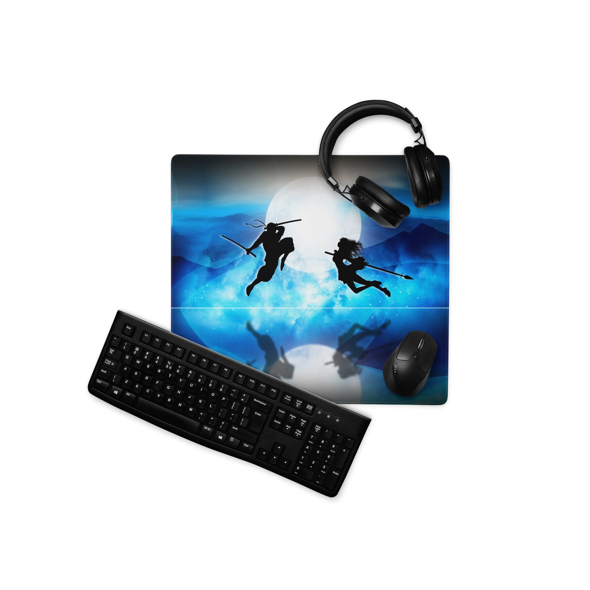 Blue Moon Battle Silhouette Mouse Pad - Fantasy Blue Gaming Desk Digital Art Epic Mood Cyberpunk RGB Desk Mat