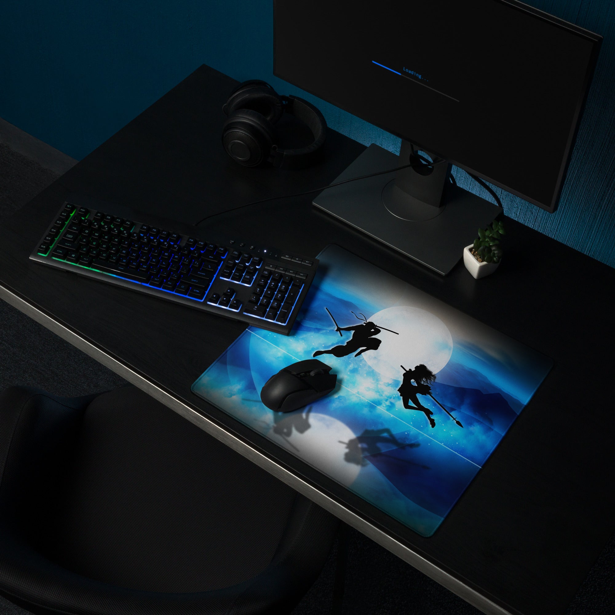 Blue Moon Battle Silhouette Mouse Pad - Fantasy Blue Gaming Desk Digital Art Epic Mood Cyberpunk RGB Desk Mat