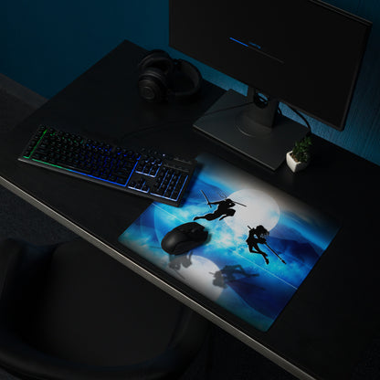 Blue Moon Battle Silhouette Mouse Pad - Fantasy Blue Gaming Desk Digital Art Epic Mood Cyberpunk RGB Desk Mat