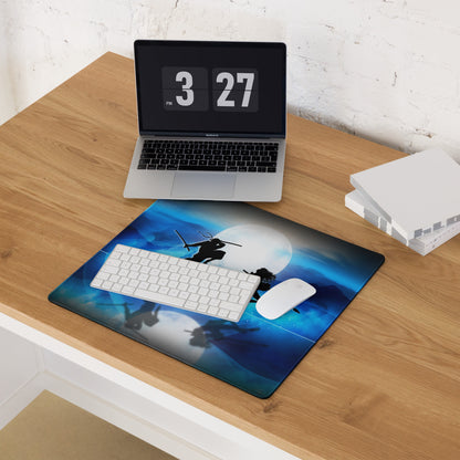Blue Moon Battle Silhouette Mouse Pad - Fantasy Blue Gaming Desk Digital Art Epic Mood Cyberpunk RGB Desk Mat