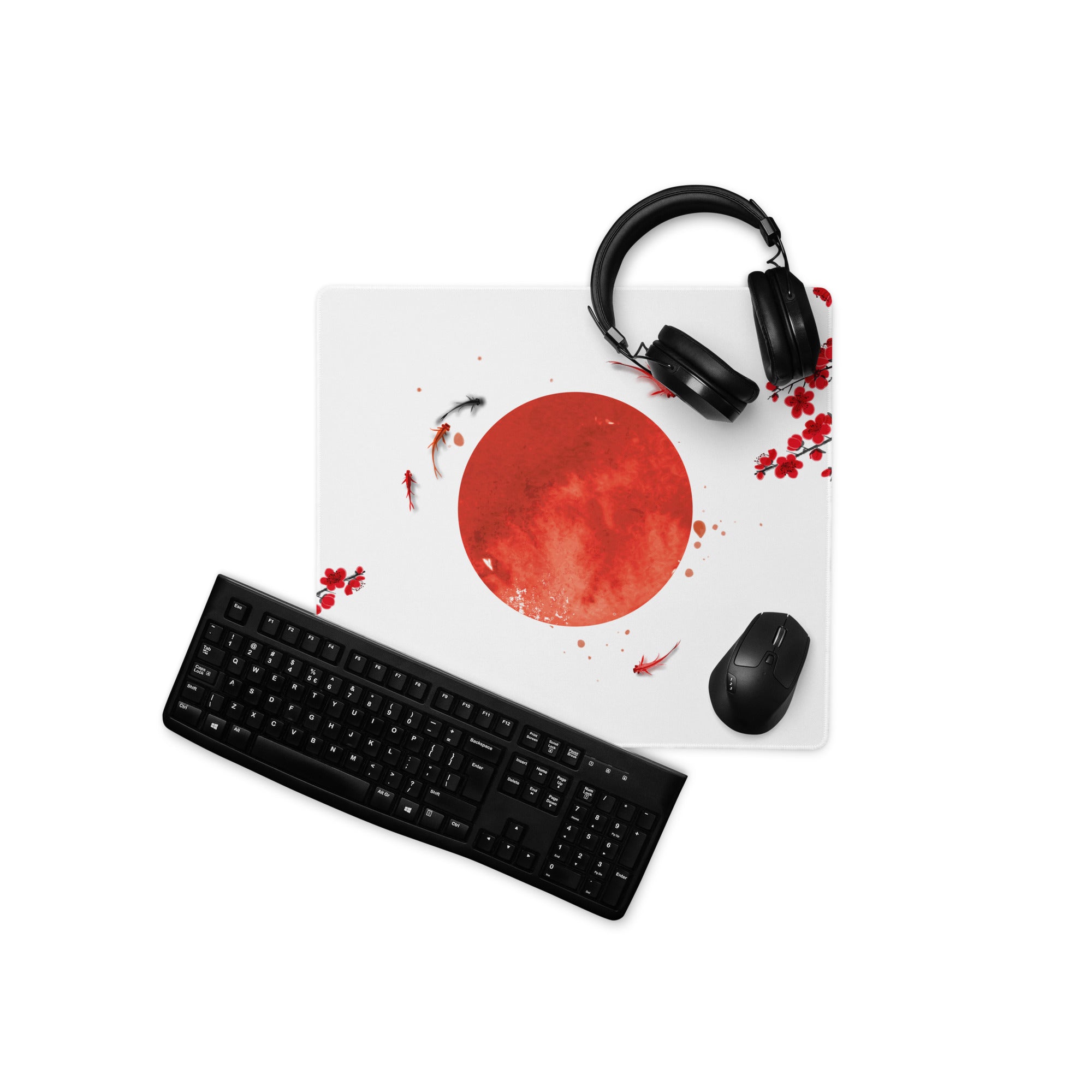 Crimson Sun Sakura Gaming Mouse Pad - Mouse Pad Red White Black Desk Minimal Sakura - Calm Japandi Style Gaming Desk