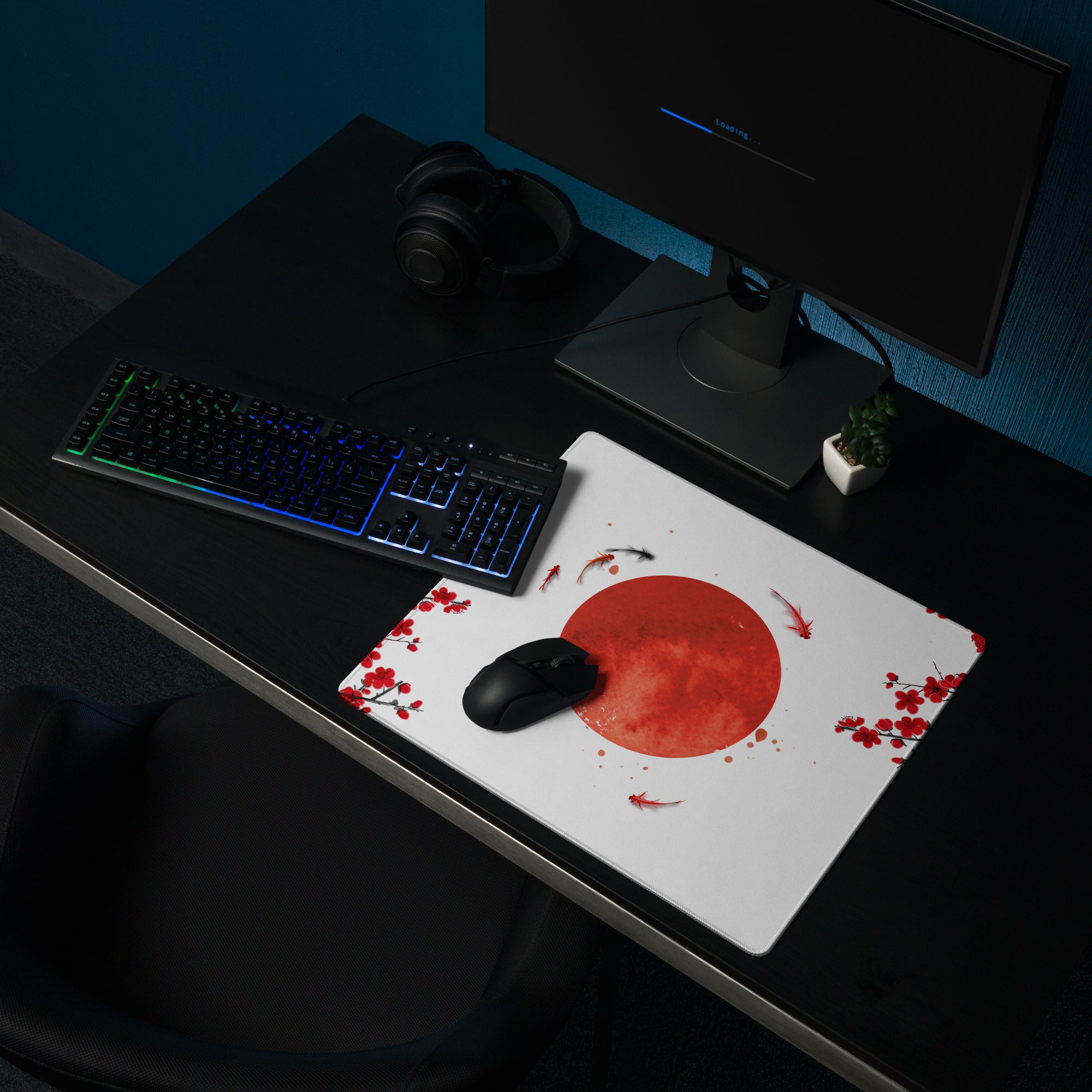 Crimson Sun Sakura Gaming Mouse Pad - Mouse Pad Red White Black Desk Minimal Sakura - Calm Japandi Style Gaming Desk