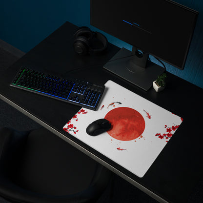 Crimson Sun Sakura Gaming Mouse Pad - Mouse Pad Red White Black Desk Minimal Sakura - Calm Japandi Style Gaming Desk
