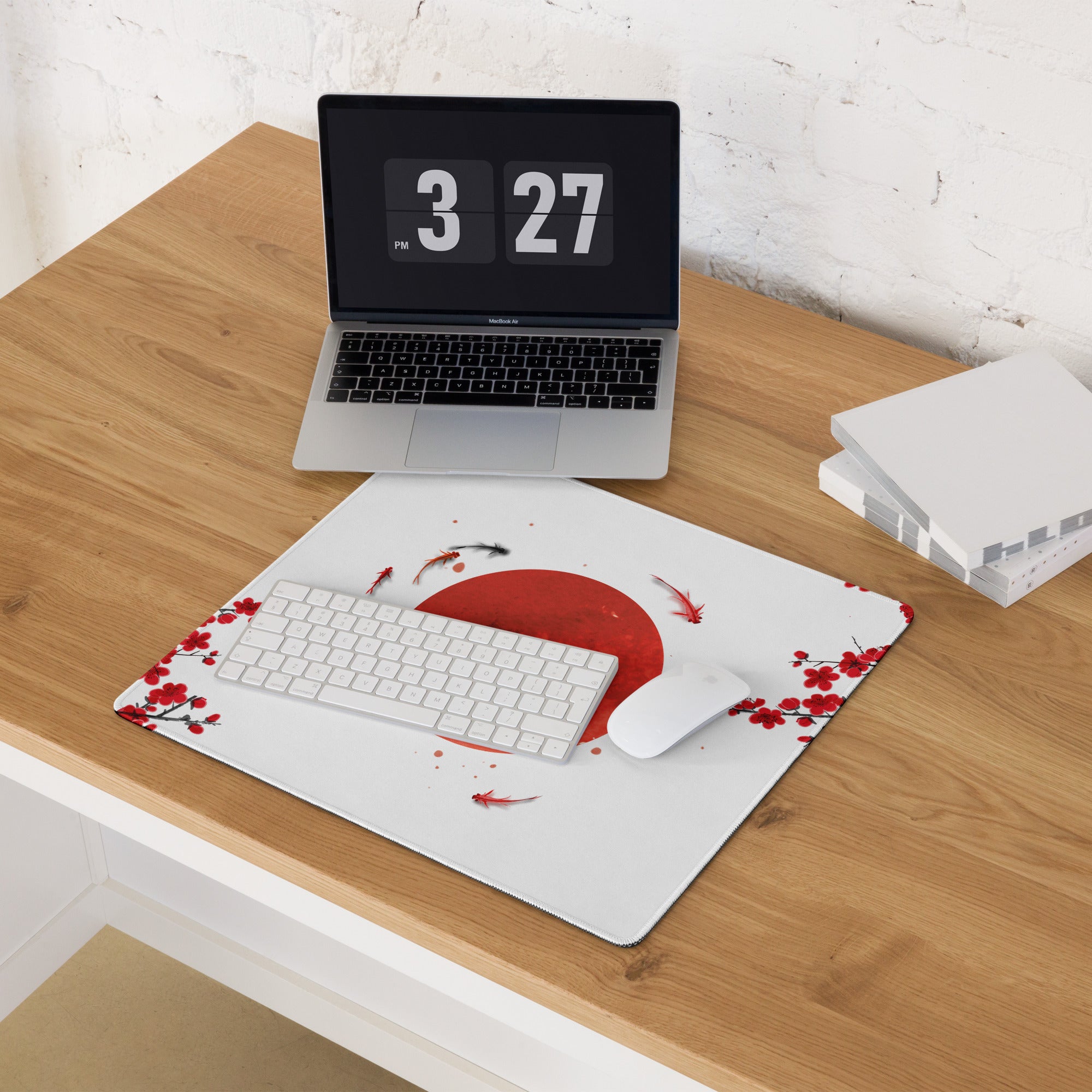 Crimson Sun Sakura Gaming Mouse Pad - Mouse Pad Red White Black Desk Minimal Sakura - Calm Japandi Style Gaming Desk