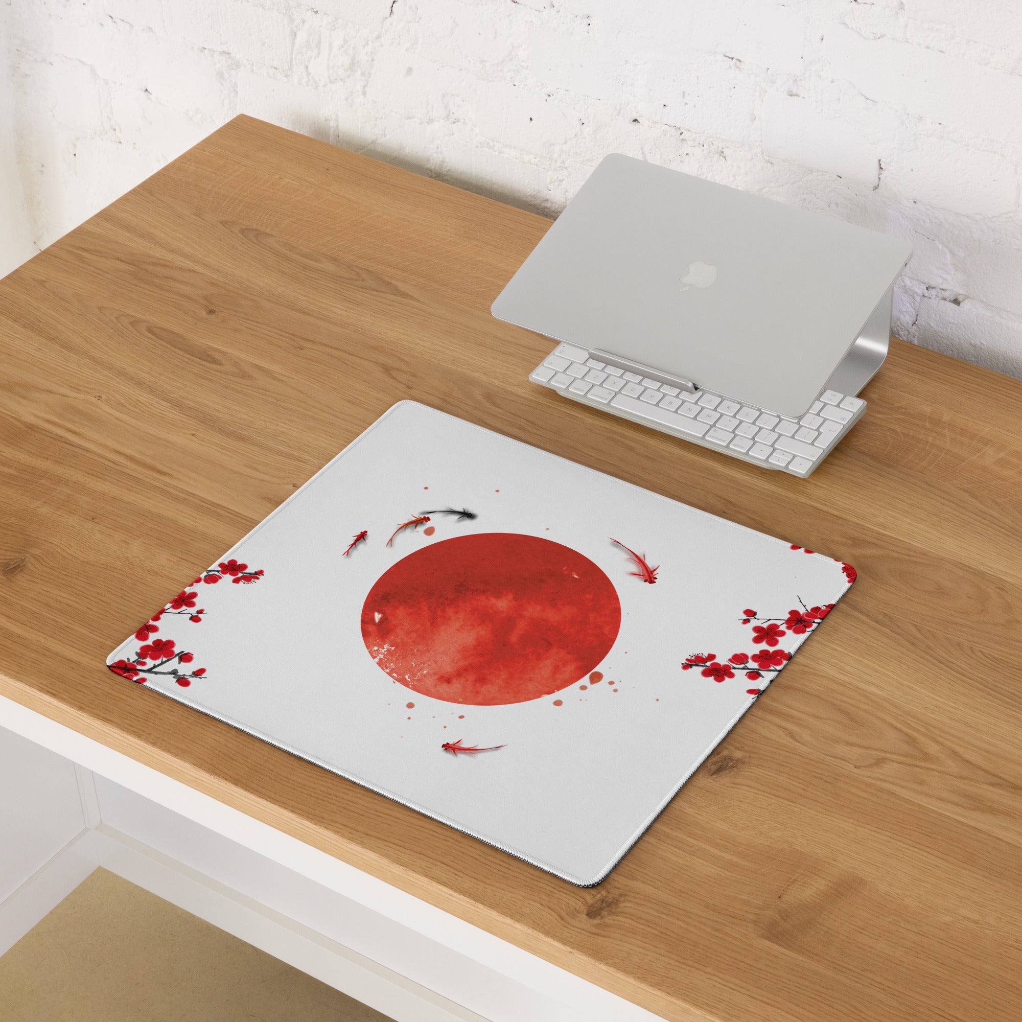 Crimson Sun Sakura Gaming Mouse Pad - Mouse Pad Red White Black Desk Minimal Sakura - Calm Japandi Style Gaming Desk