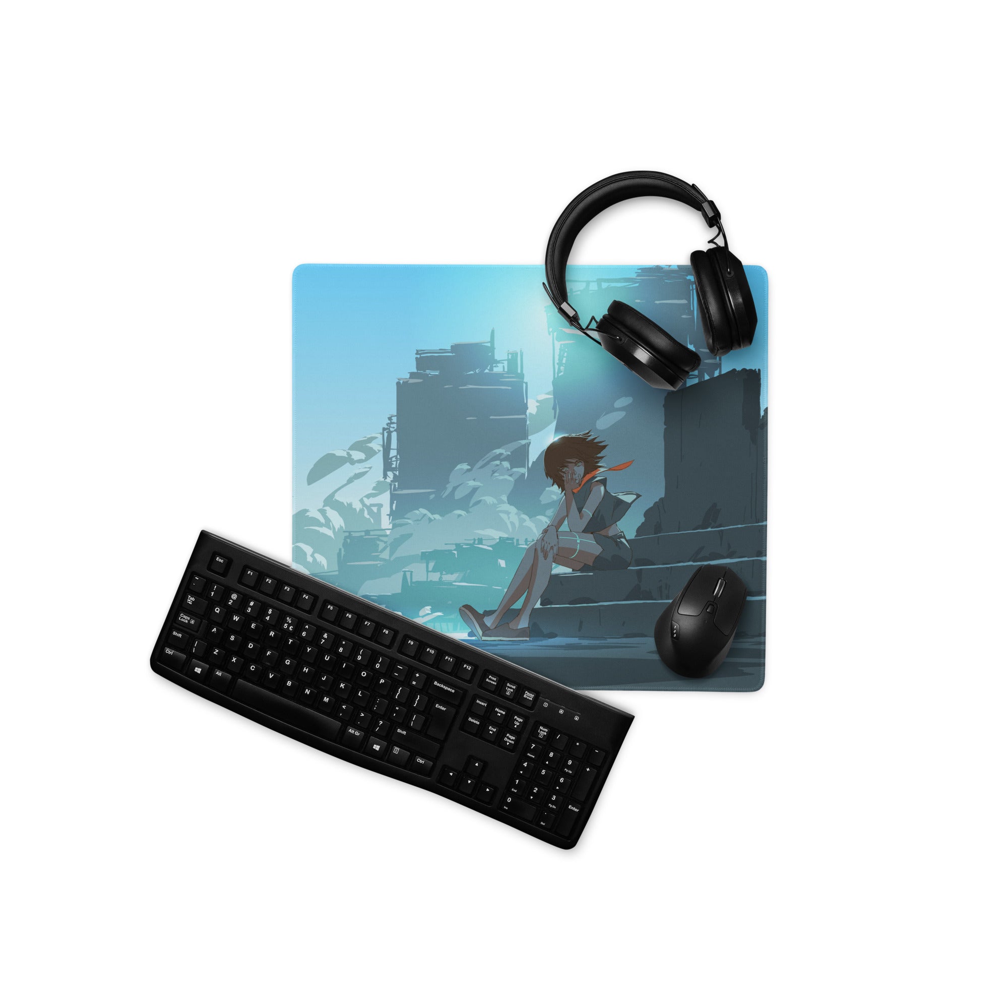 Azure Neon Cityscape Gaming Pad - Cityscape Blue Desk Mat Gaming Sci Fi Art | Moody Cinematic Futuristic Anime Inspired