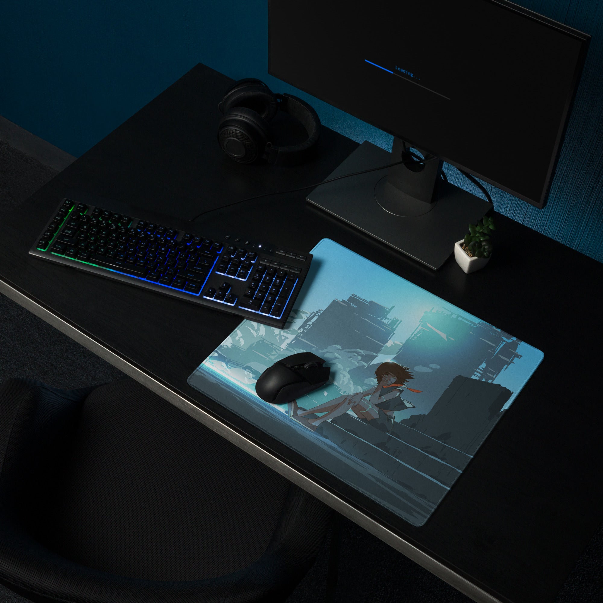 Azure Neon Cityscape Gaming Pad - Cityscape Blue Desk Mat Gaming Sci Fi Art | Moody Cinematic Futuristic Anime Inspired