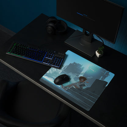 Azure Neon Cityscape Gaming Pad - Cityscape Blue Desk Mat Gaming Sci Fi Art | Moody Cinematic Futuristic Anime Inspired