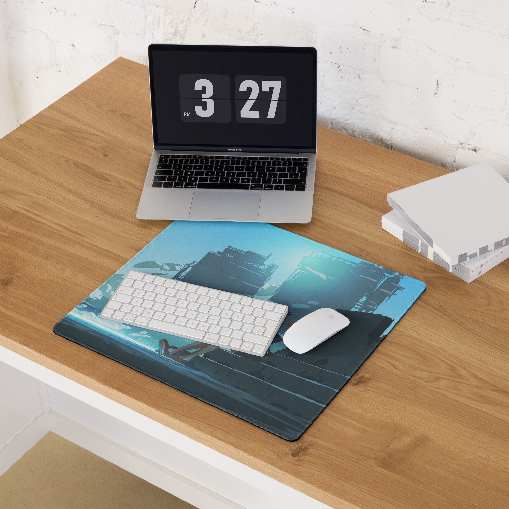 Azure Neon Cityscape Gaming Pad - Cityscape Blue Desk Mat Gaming Sci Fi Art | Moody Cinematic Futuristic Anime Inspired