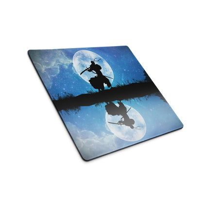 Moonlit Samurai Gaming Mouse Pad - Samurai Moon Blue Gaming Desk Mat Nightscape Silhouette Oriental Style Fabric