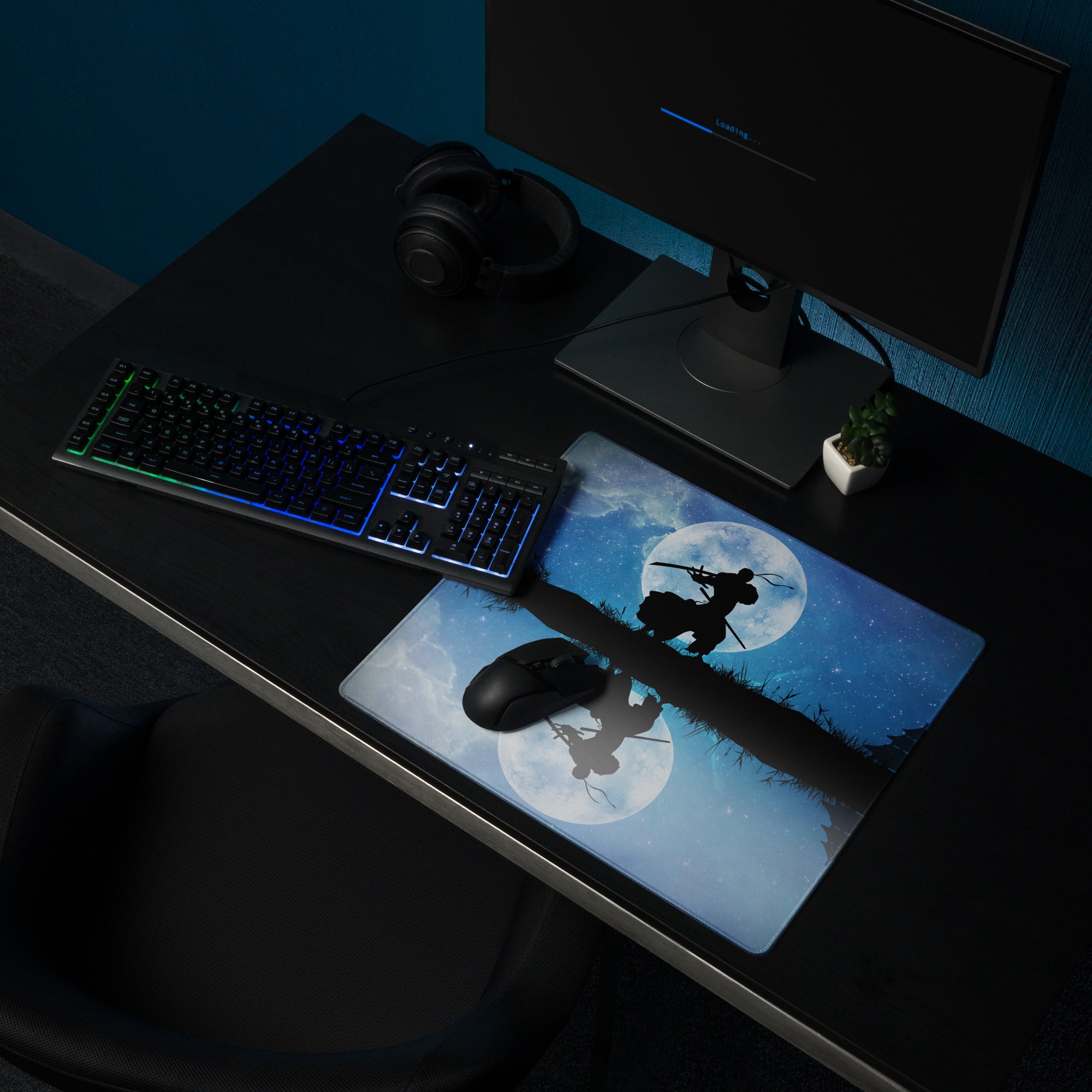 Moonlit Samurai Gaming Mouse Pad - Samurai Moon Blue Gaming Desk Mat Nightscape Silhouette Oriental Style Fabric