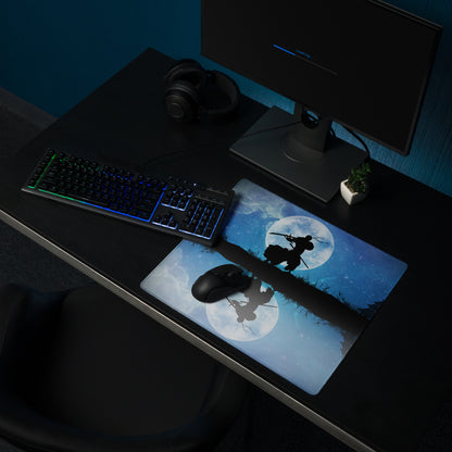 Moonlit Samurai Gaming Mouse Pad - Samurai Moon Blue Gaming Desk Mat Nightscape Silhouette Oriental Style Fabric