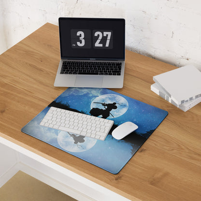 Moonlit Samurai Gaming Mouse Pad - Samurai Moon Blue Gaming Desk Mat Nightscape Silhouette Oriental Style Fabric