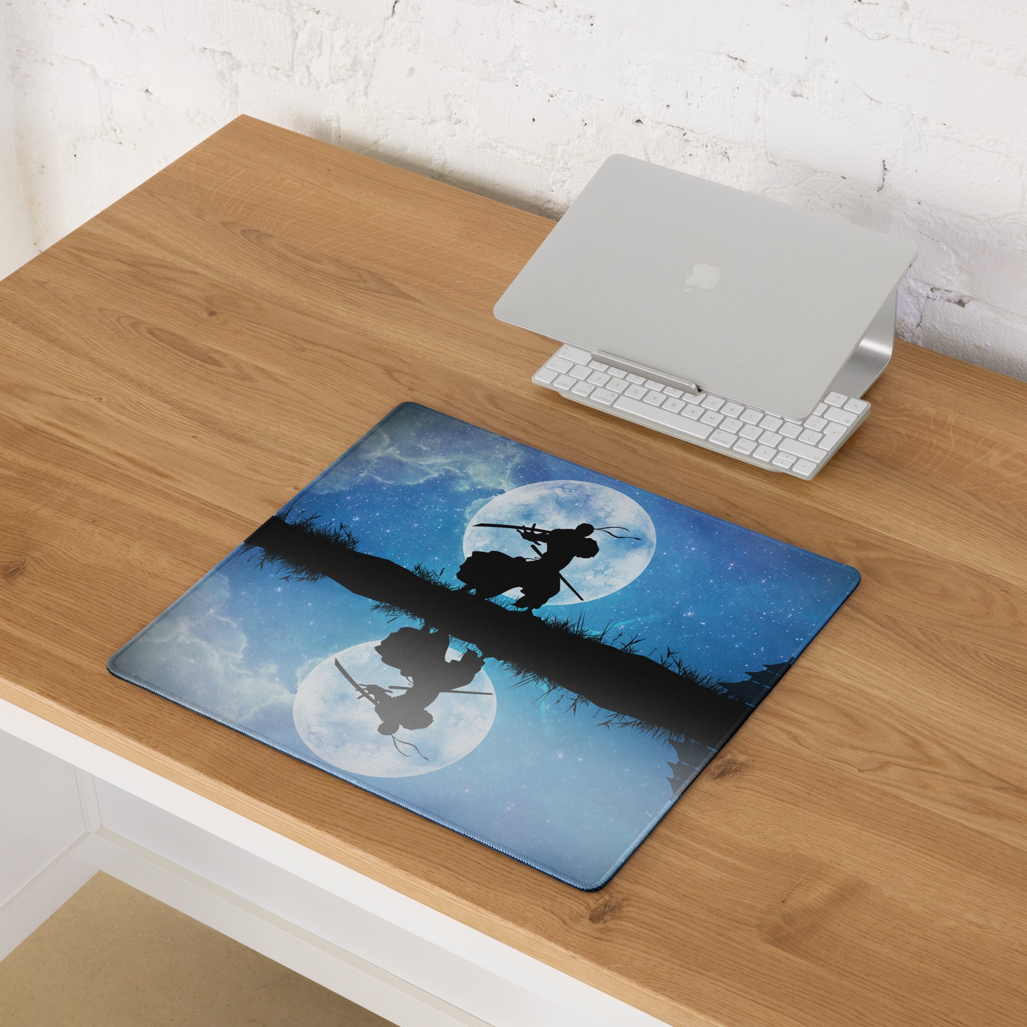 Moonlit Samurai Gaming Mouse Pad - Samurai Moon Blue Gaming Desk Mat Nightscape Silhouette Oriental Style Fabric