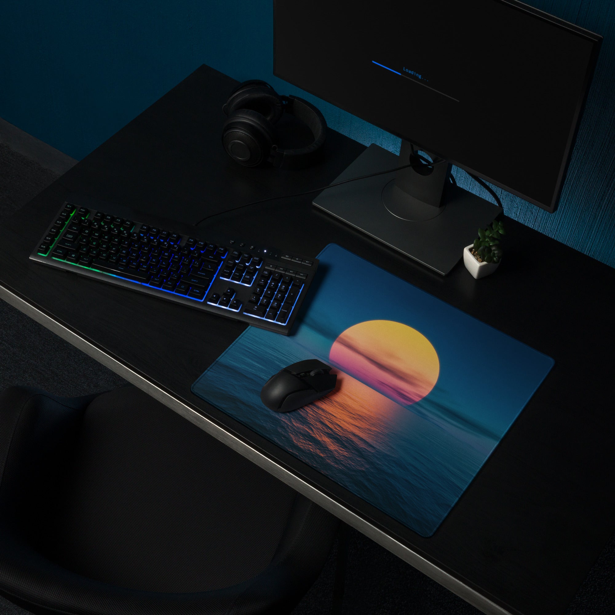 Sunset Horizon Blue Gaming Pad - Mouse Pad Blue Sunset Desk Setup Photorealistic - Calm Serene Coastal Modern Desk Photo