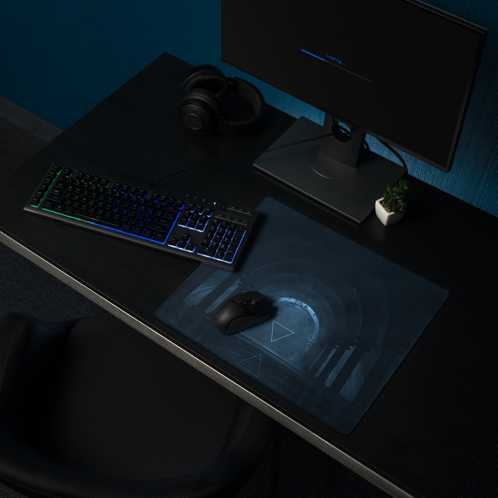 Midnight Blue Neon Geometry Mouse Pad - Gaming Mouse Pad Blue Neon Futuristic Moody Neon Tech Decor Cyberpunk