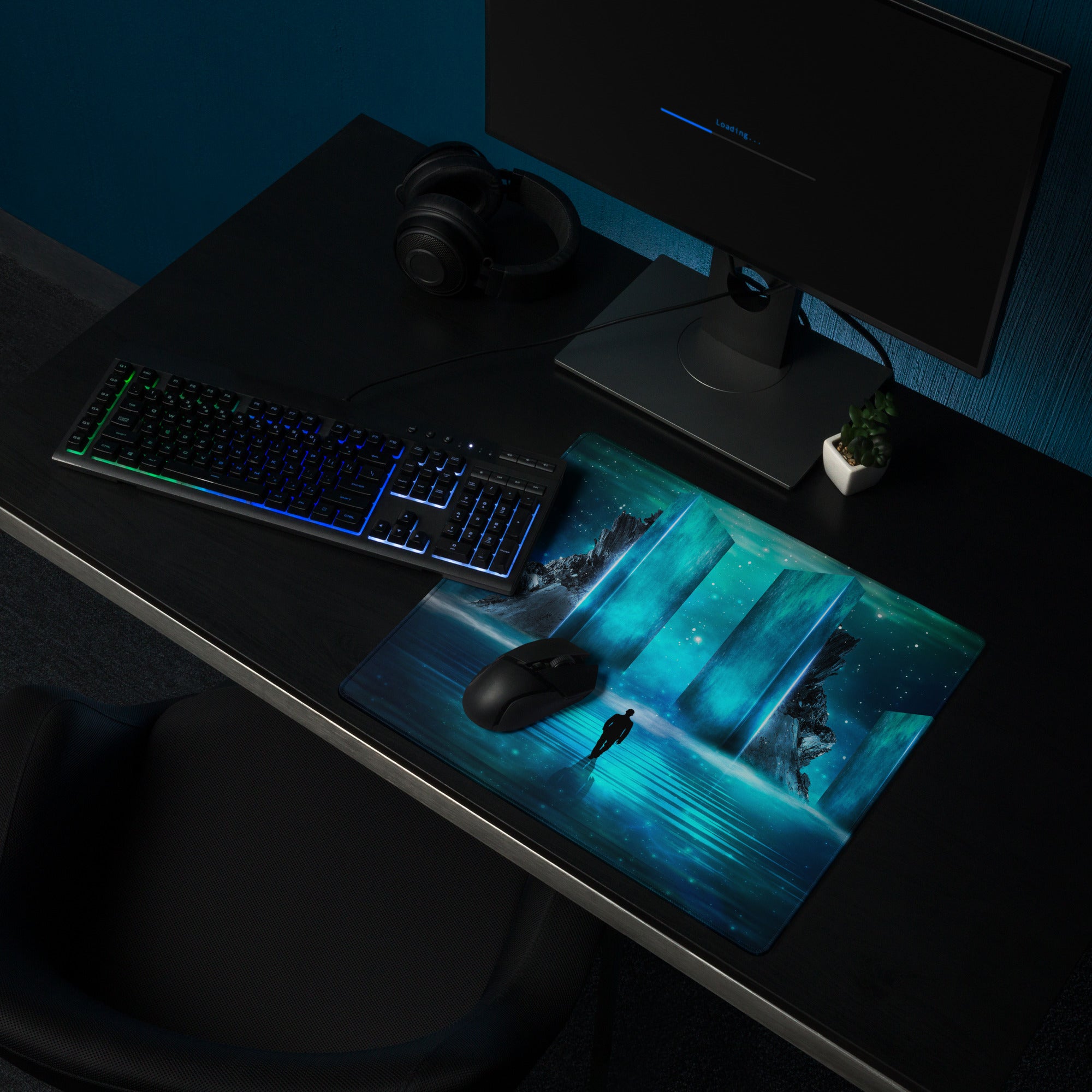 Neon Portal Gaming Pad - Gaming Mouse Pad Blue Neon Futuristic Immersive Cyberpunk Modern Digital Artwork