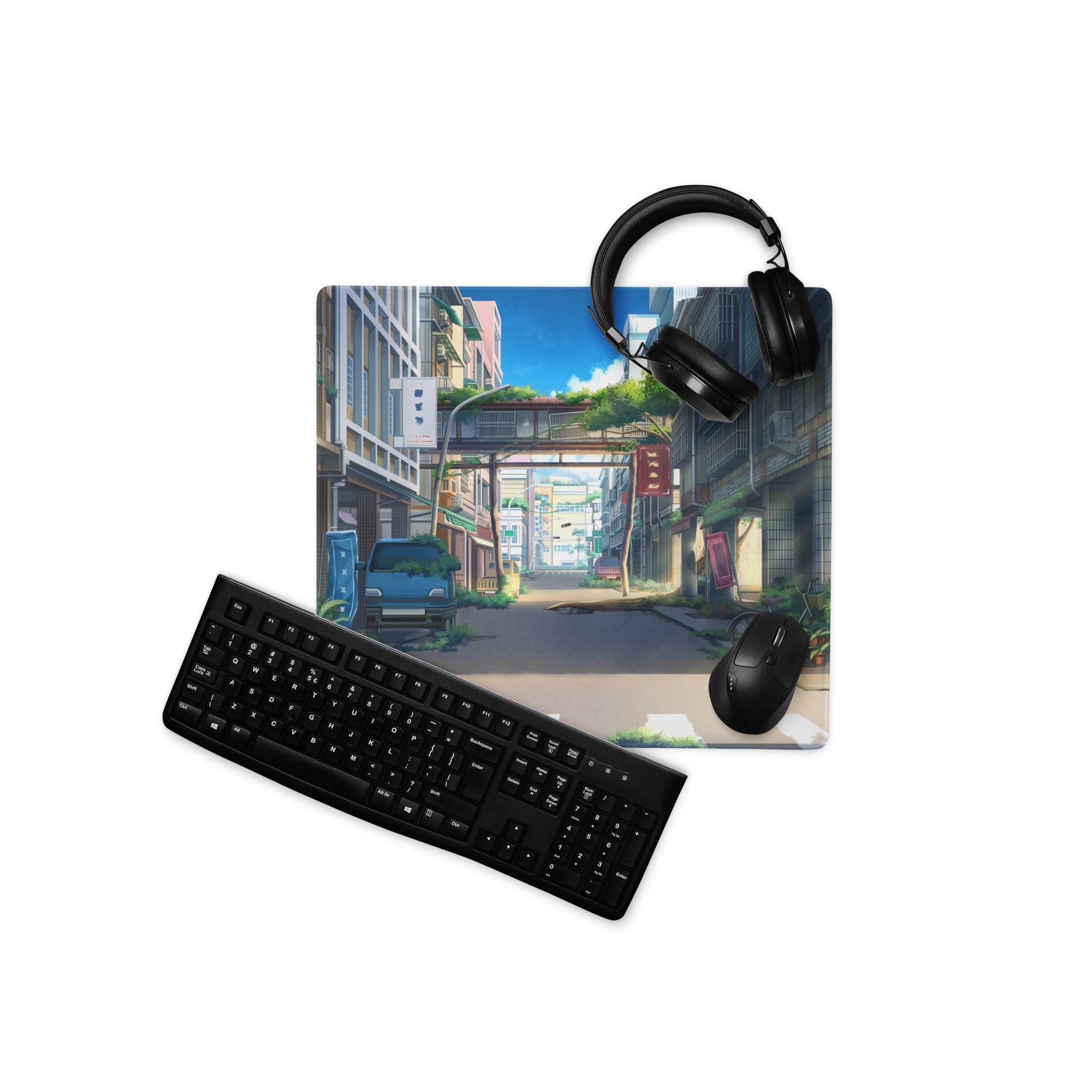 Anime City Street Desk Pad - City Street Anime, Blue Gray, Gaming Desk, Cinematic Illustration Calm Mood Painting