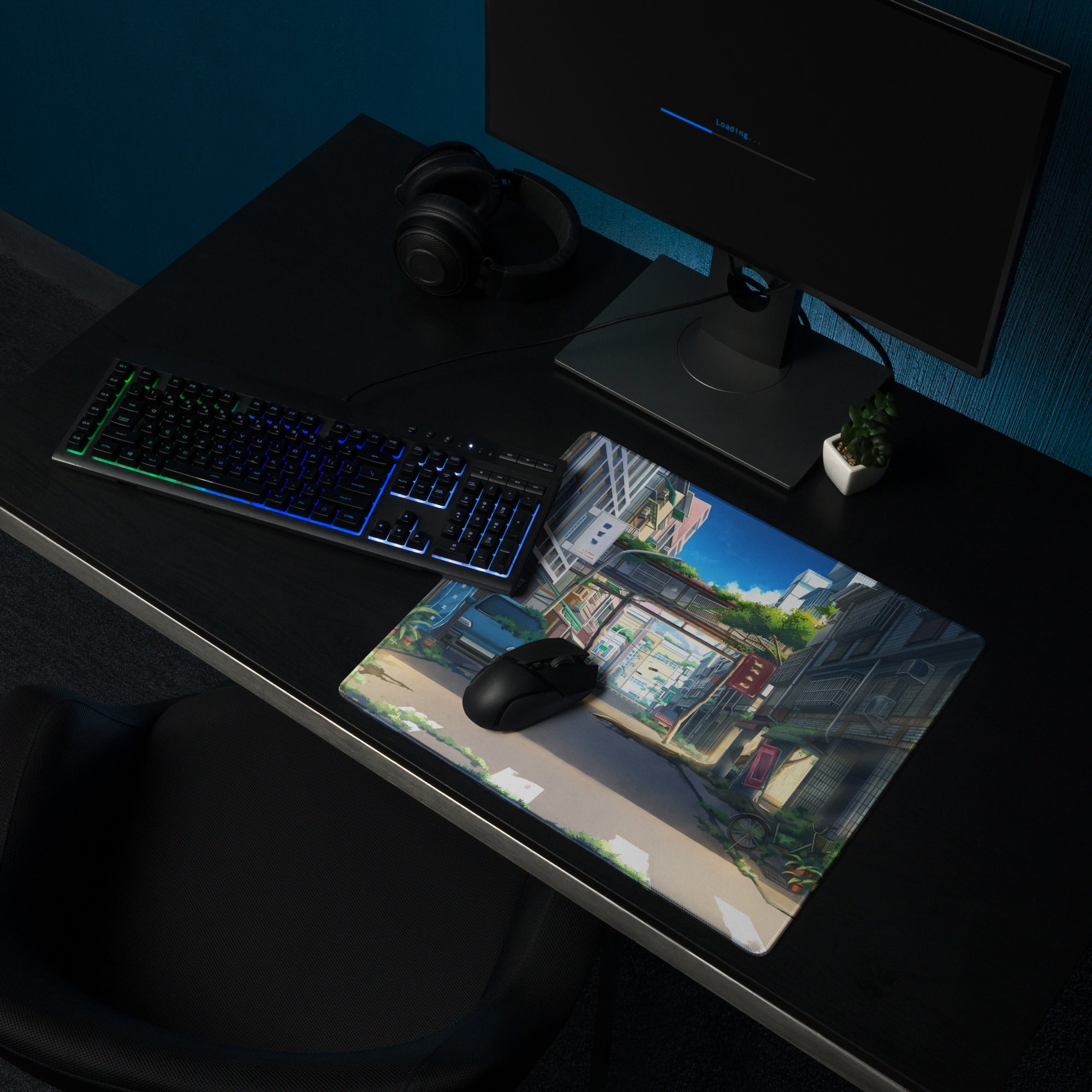 Anime City Street Desk Pad - City Street Anime, Blue Gray, Gaming Desk, Cinematic Illustration Calm Mood Painting