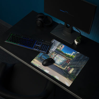 Anime City Street Desk Pad - City Street Anime, Blue Gray, Gaming Desk, Cinematic Illustration Calm Mood Painting
