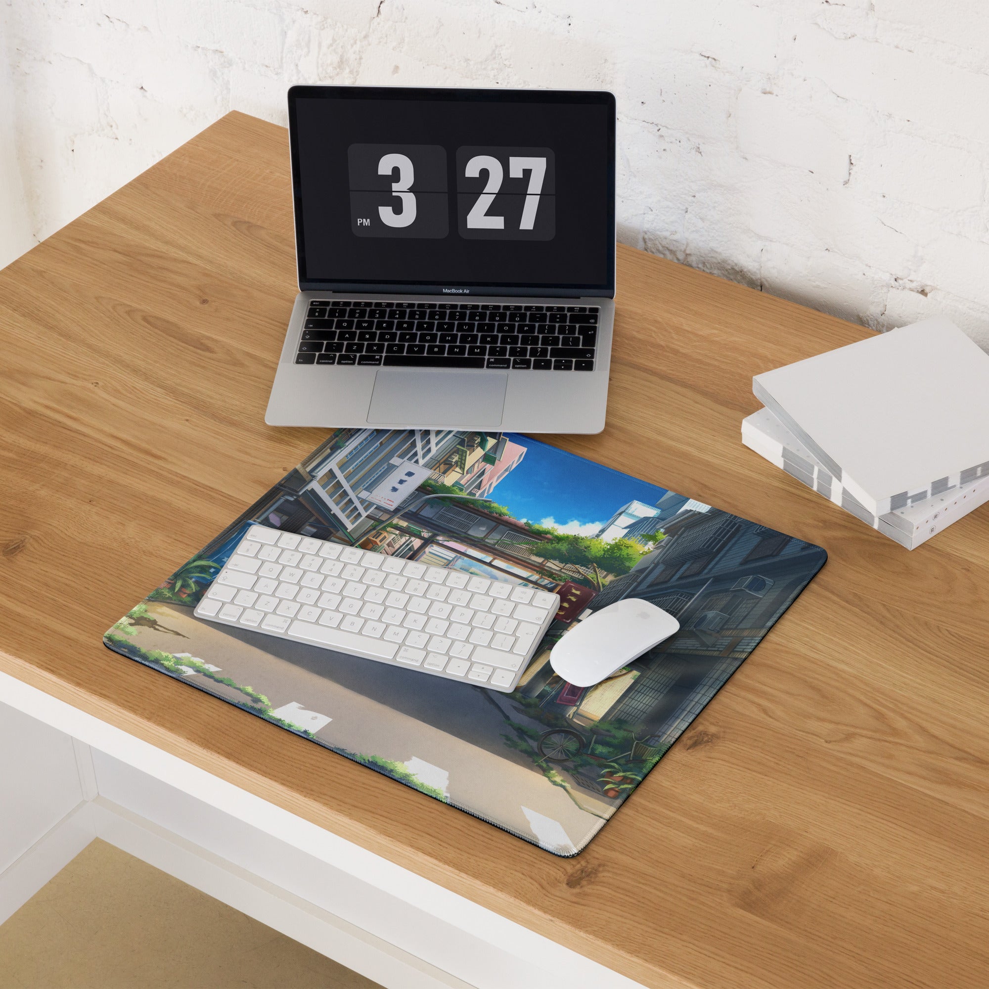 Anime City Street Desk Pad - City Street Anime, Blue Gray, Gaming Desk, Cinematic Illustration Calm Mood Painting