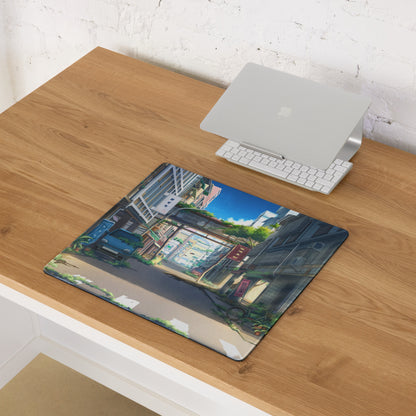 Anime City Street Desk Pad - City Street Anime, Blue Gray, Gaming Desk, Cinematic Illustration Calm Mood Painting
