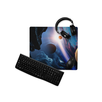 Cosmic Orbit Gaming Mouse Pad - Space Scene Blue Black Orange Desk Setup Moody Futuristic Minimalist Space Decor Print
