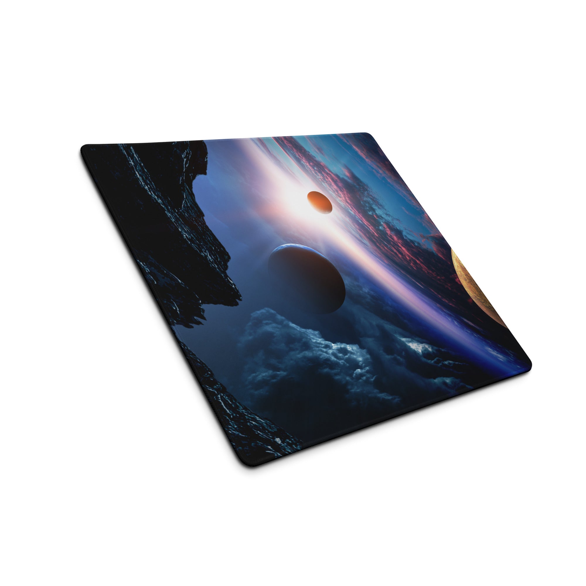 Cosmic Orbit Gaming Mouse Pad - Space Scene Blue Black Orange Desk Setup Moody Futuristic Minimalist Space Decor Print