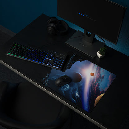 Cosmic Orbit Gaming Mouse Pad - Space Scene Blue Black Orange Desk Setup Moody Futuristic Minimalist Space Decor Print
