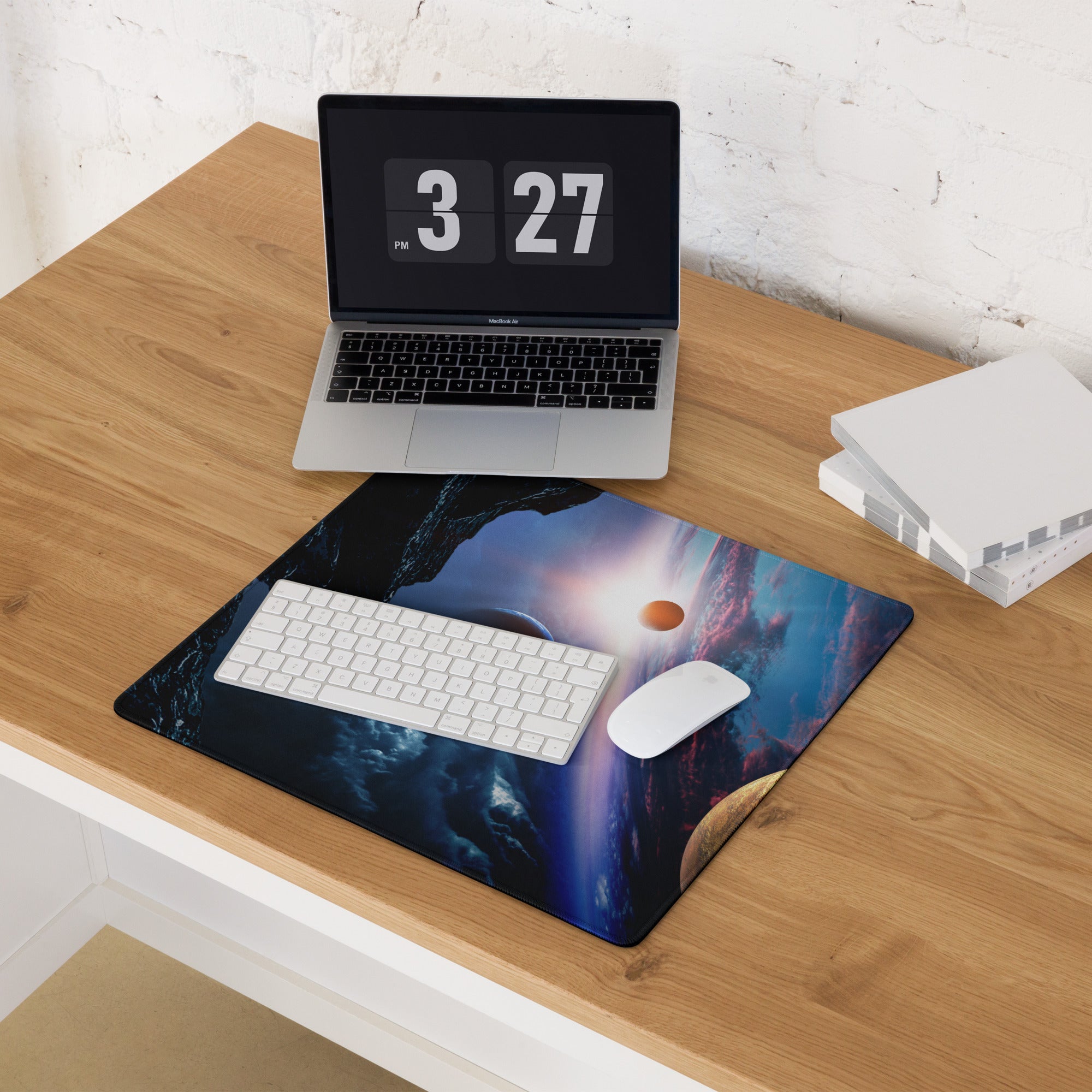 Cosmic Orbit Gaming Mouse Pad - Space Scene Blue Black Orange Desk Setup Moody Futuristic Minimalist Space Decor Print
