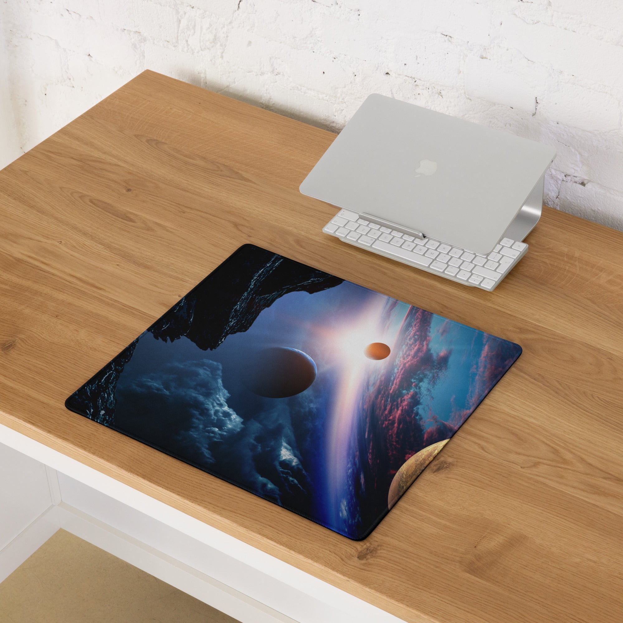 Cosmic Orbit Gaming Mouse Pad - Space Scene Blue Black Orange Desk Setup Moody Futuristic Minimalist Space Decor Print