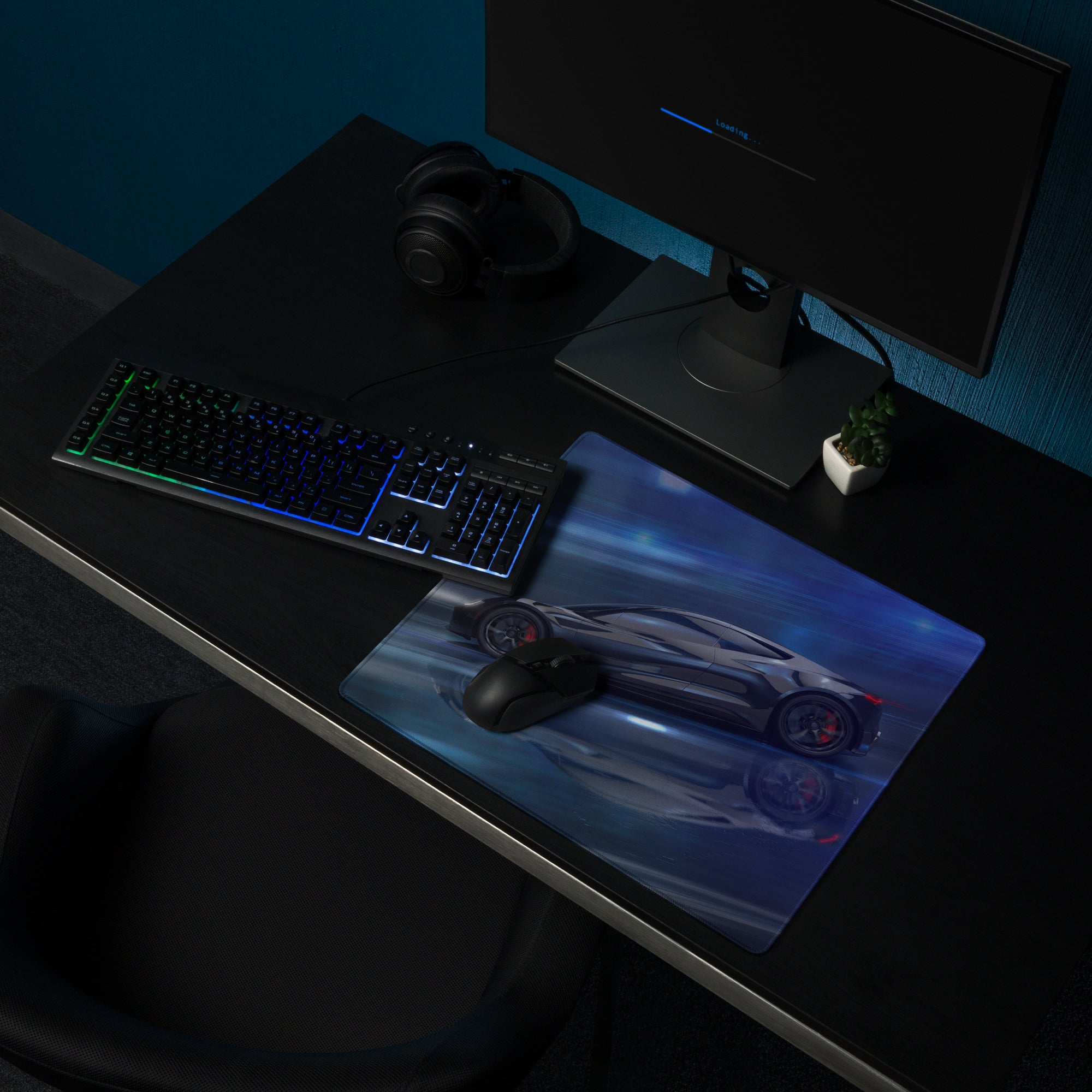 Blue Neon Speed Car Mouse Pad - Gaming Mouse Pad Blue Desk Setup Futuristic Dynamic Mood Tech Modern Esports CGI