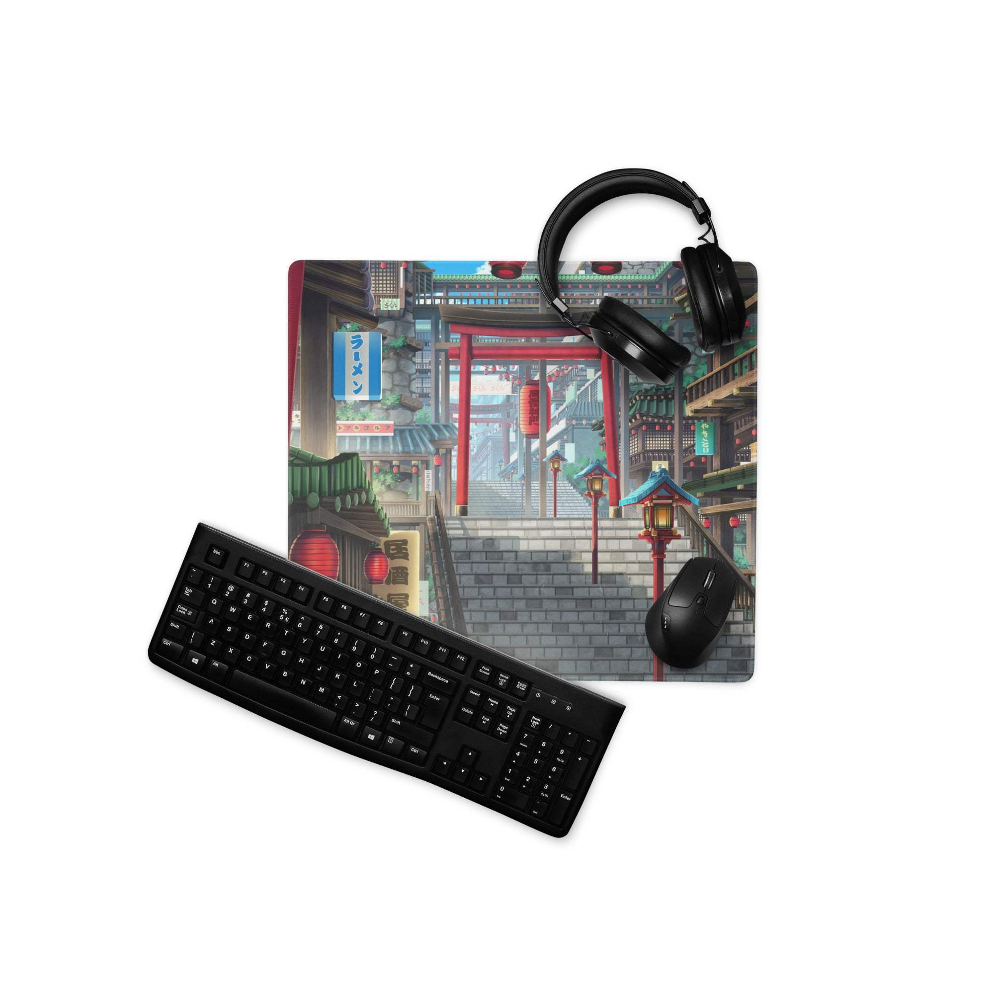 Neon tokyo lantern alley gaming mouse pad with red blue cyberpunk digital art under black matte keyboard on white surface