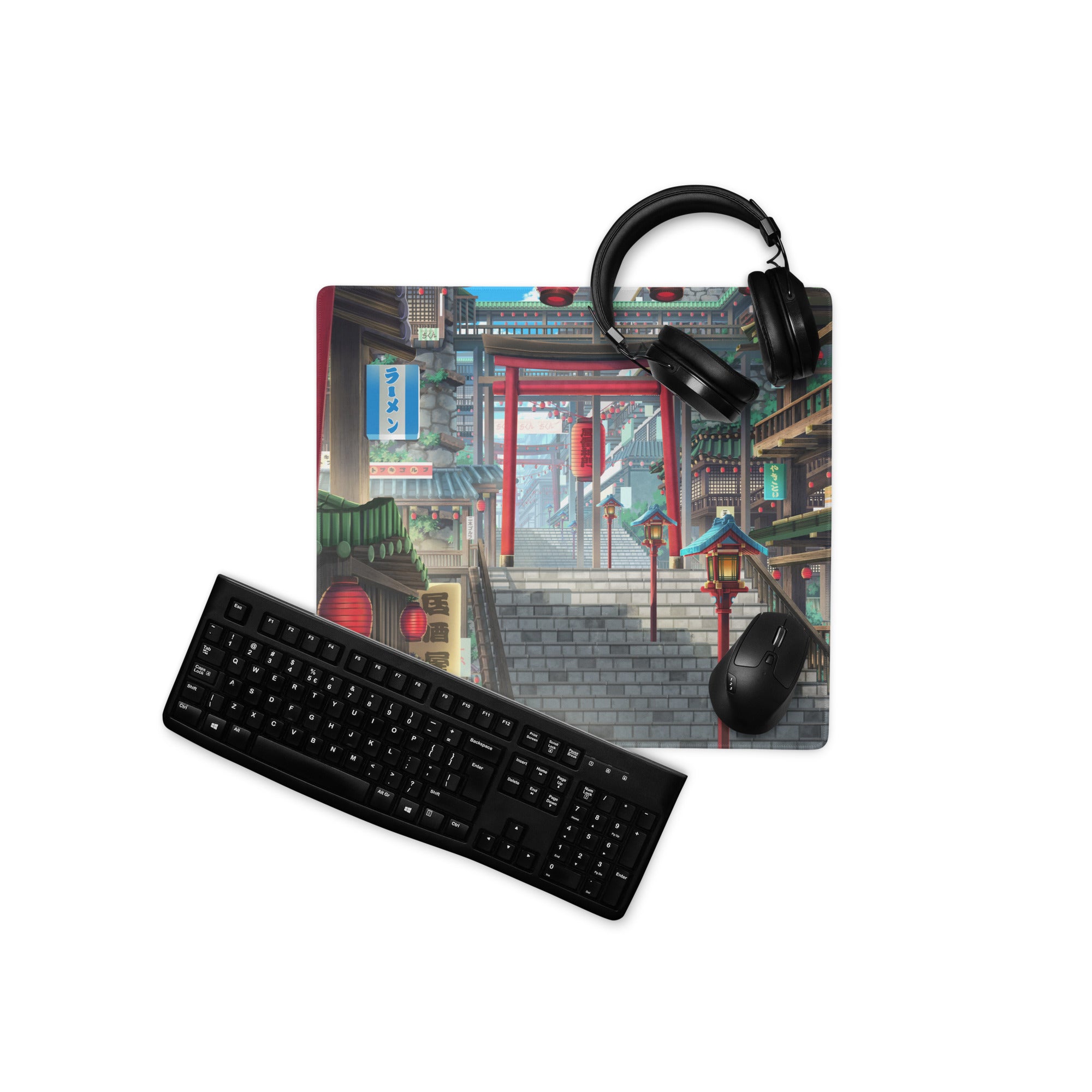 Neon Tokyo Lantern Alley Mouse Pad - Gaming Mouse Pad Red Blue Desk Anime Immersive Night Mood Cyberpunk Digital Art
