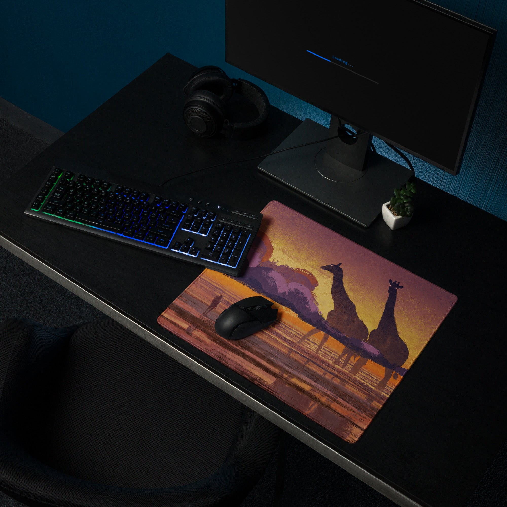 Sunset Safari Desk Pad - Sunset Safari Orange Purple Desk Pad Silhouette Warm Mood Modern Gaming Desk Pad Art