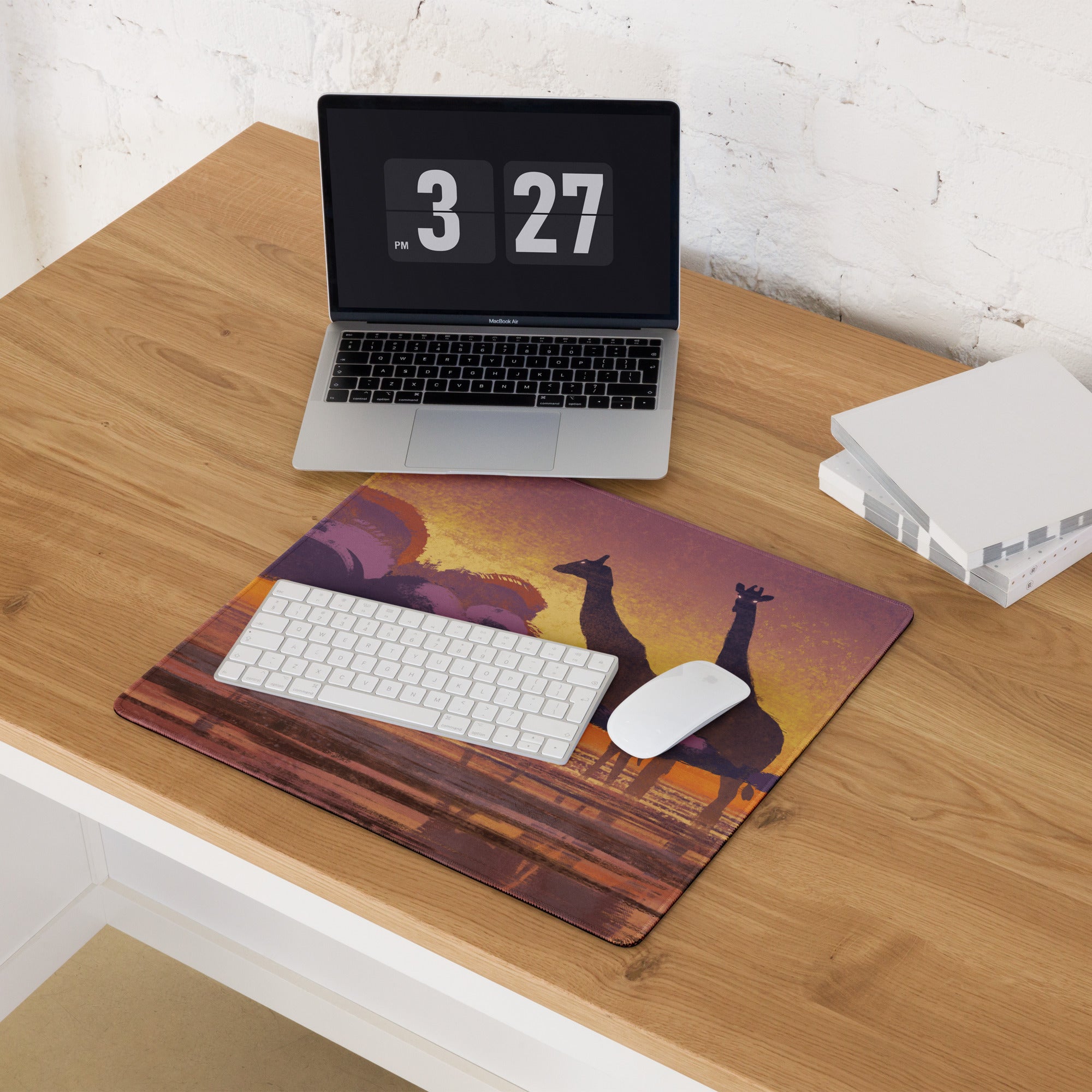 Sunset Safari Desk Pad - Sunset Safari Orange Purple Desk Pad Silhouette Warm Mood Modern Gaming Desk Pad Art
