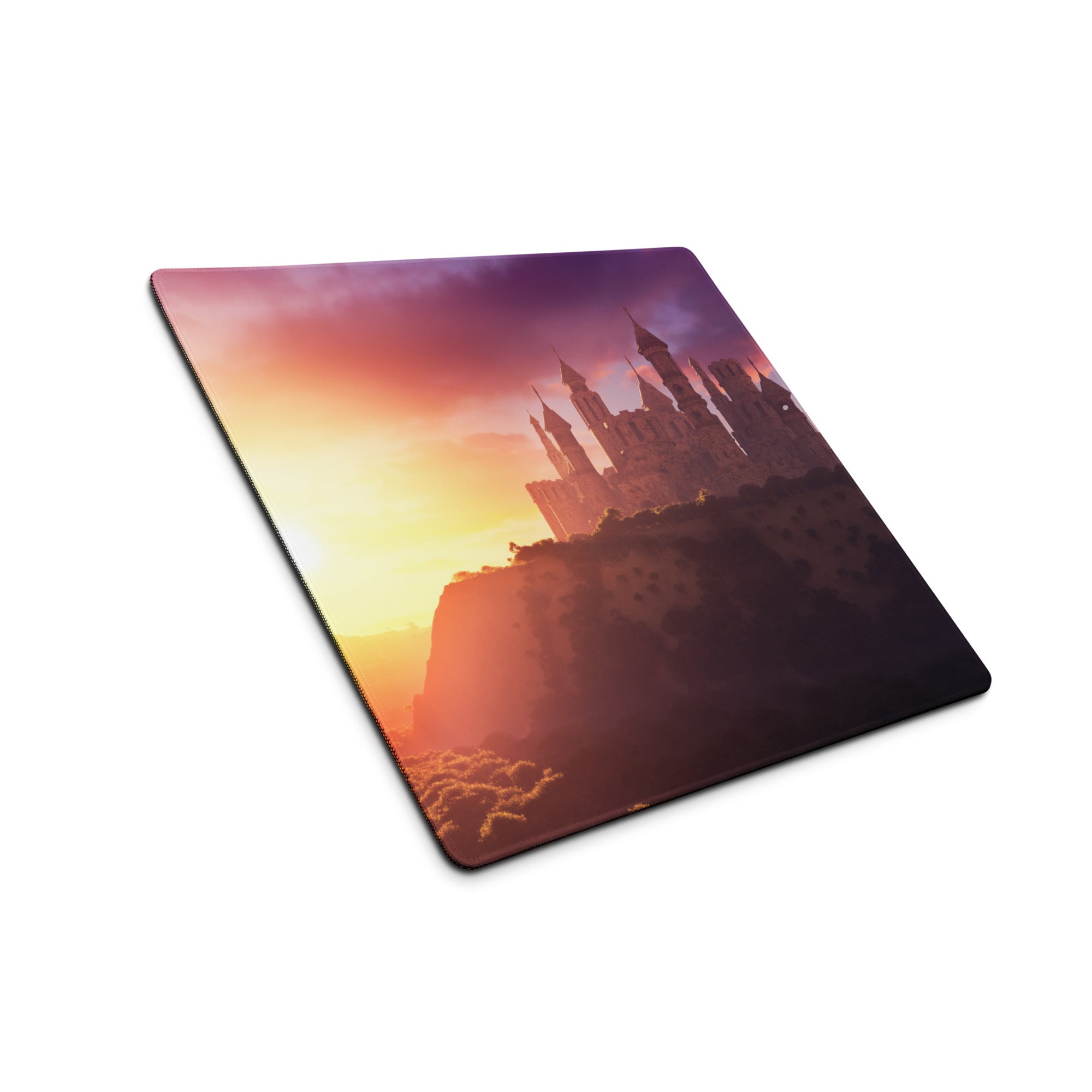 Castle Sunset Mouse Pad - Castle Sunset Orange Purple Gaming Desk Fantasy Dreamy Mood Castle Decor Printed Fabric