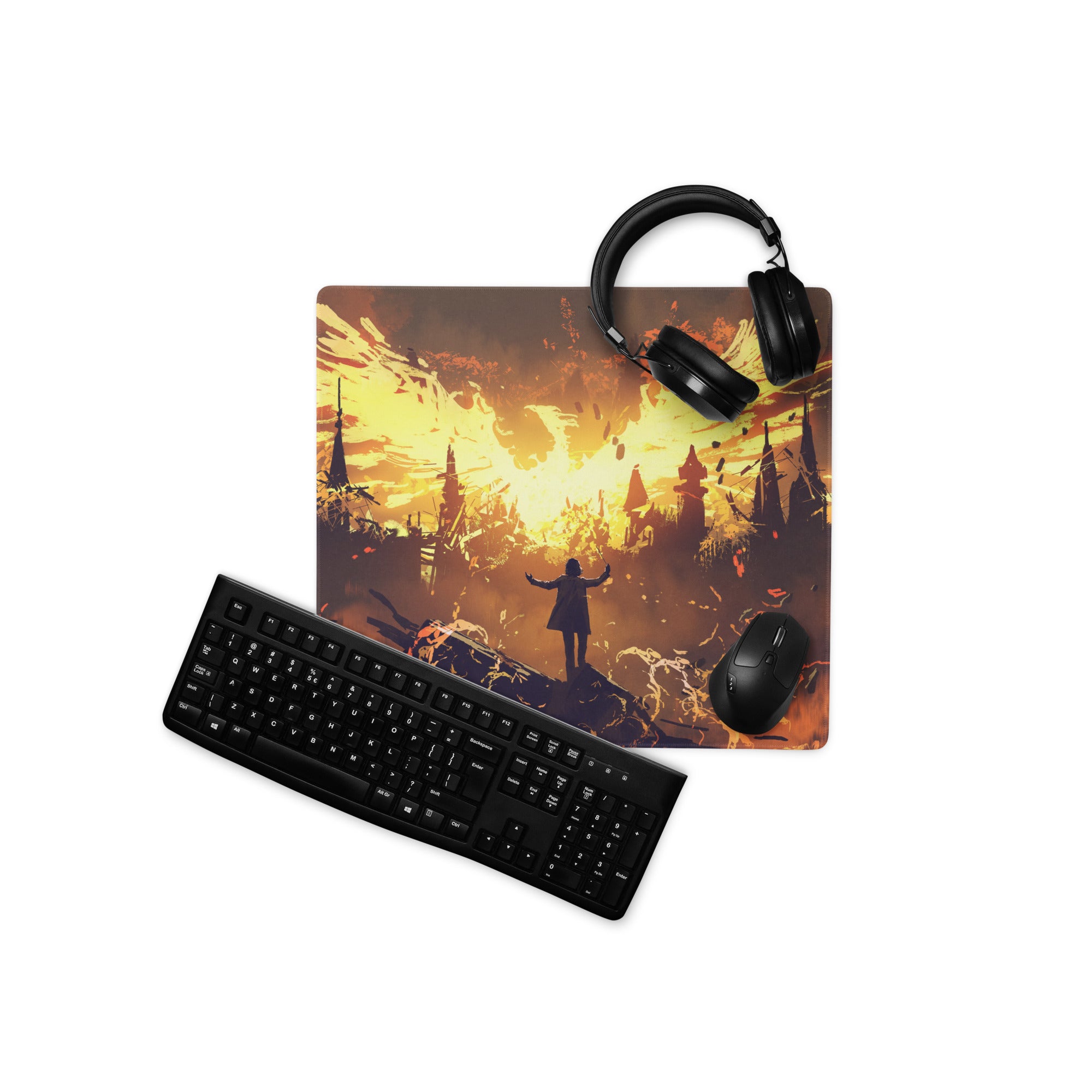 Inferno Siege Gaming Mouse Pad - Gaming Mouse Pad Orange Yellow Desk Fiery Mood Battlefield Style Digital Art