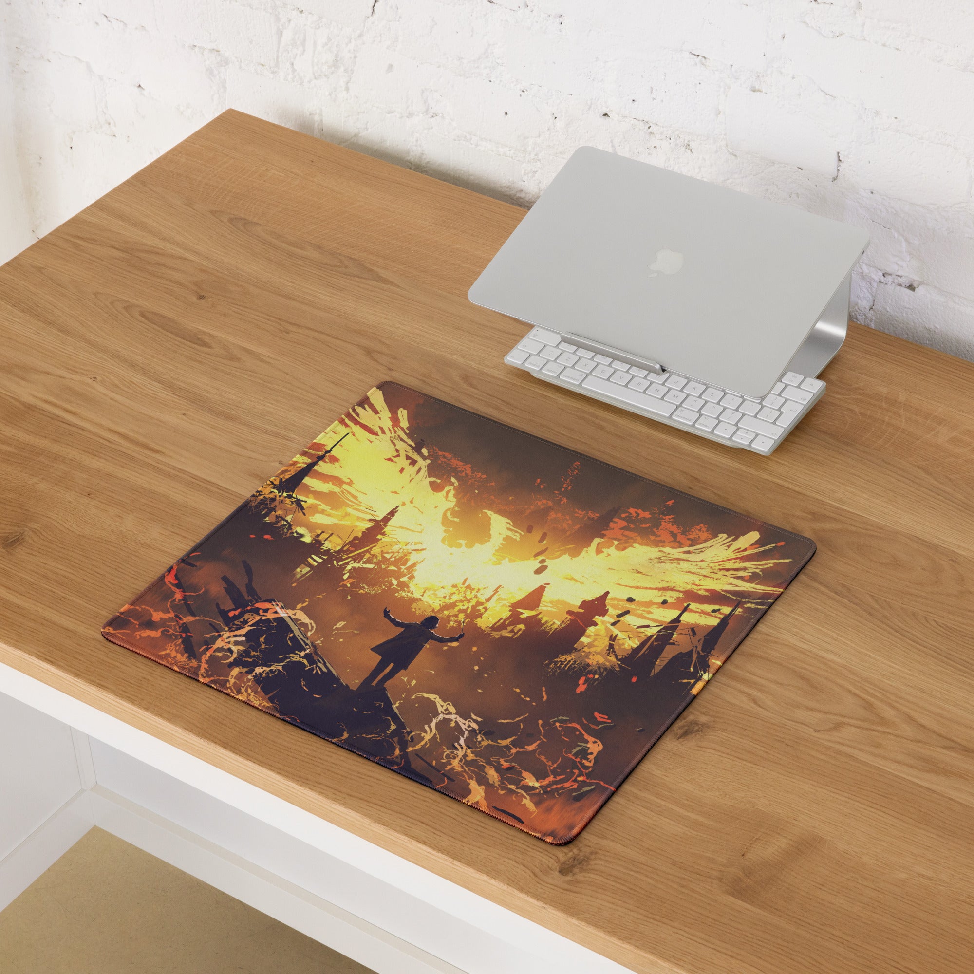 Inferno Siege Gaming Mouse Pad - Gaming Mouse Pad Orange Yellow Desk Fiery Mood Battlefield Style Digital Art