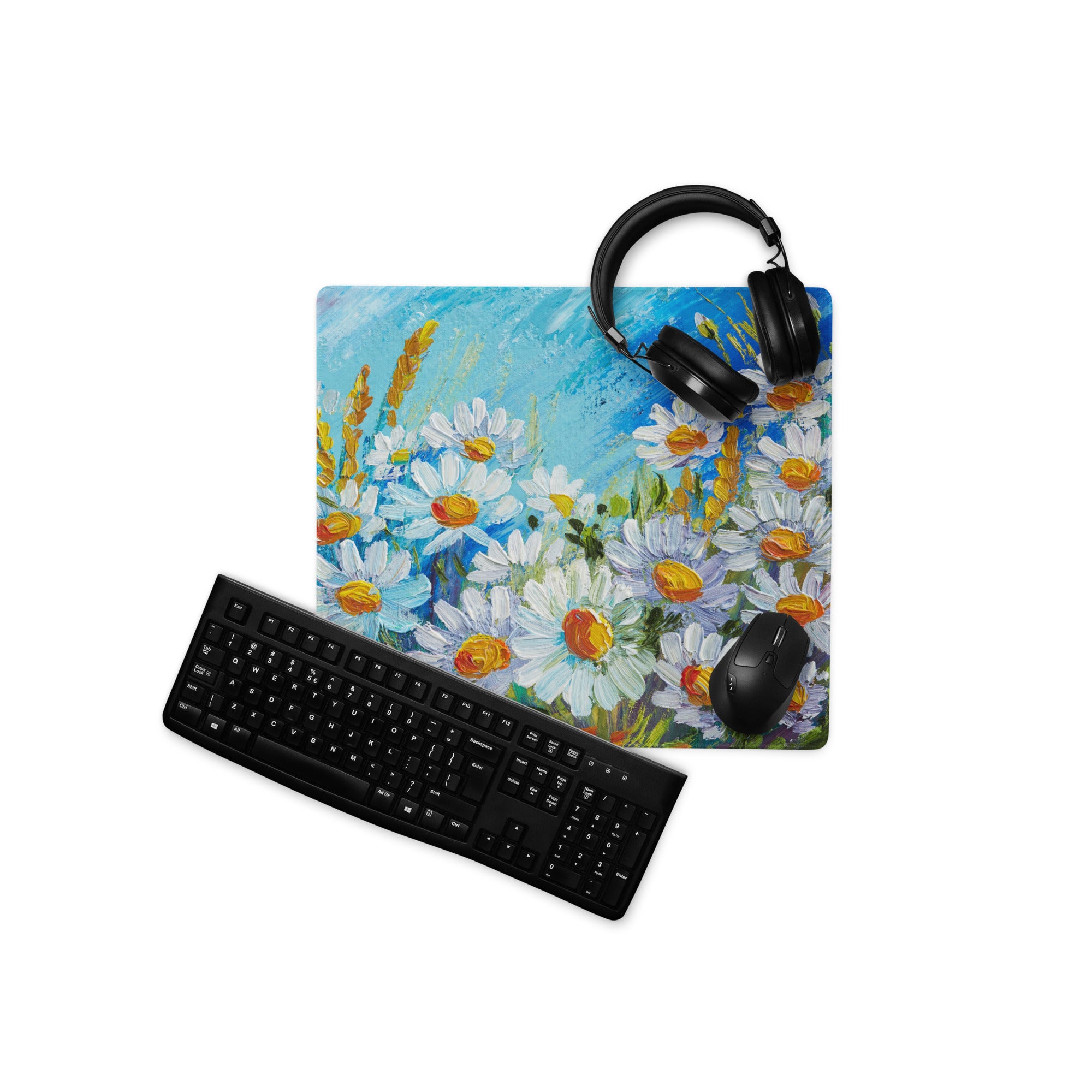Impressionist Floral Gaming Mouse Pad - Gaming Mouse Pad Blue White Yellow Green Desktop Impressionist Cheerful Mood Botanical Desk Mat Esports Non Slip