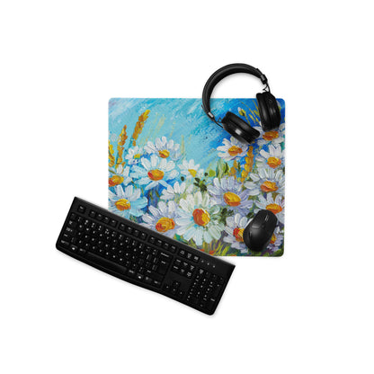 Impressionist Floral Gaming Mouse Pad - Gaming Mouse Pad Blue White Yellow Green Desktop Impressionist Cheerful Mood Botanical Desk Mat Esports Non Slip